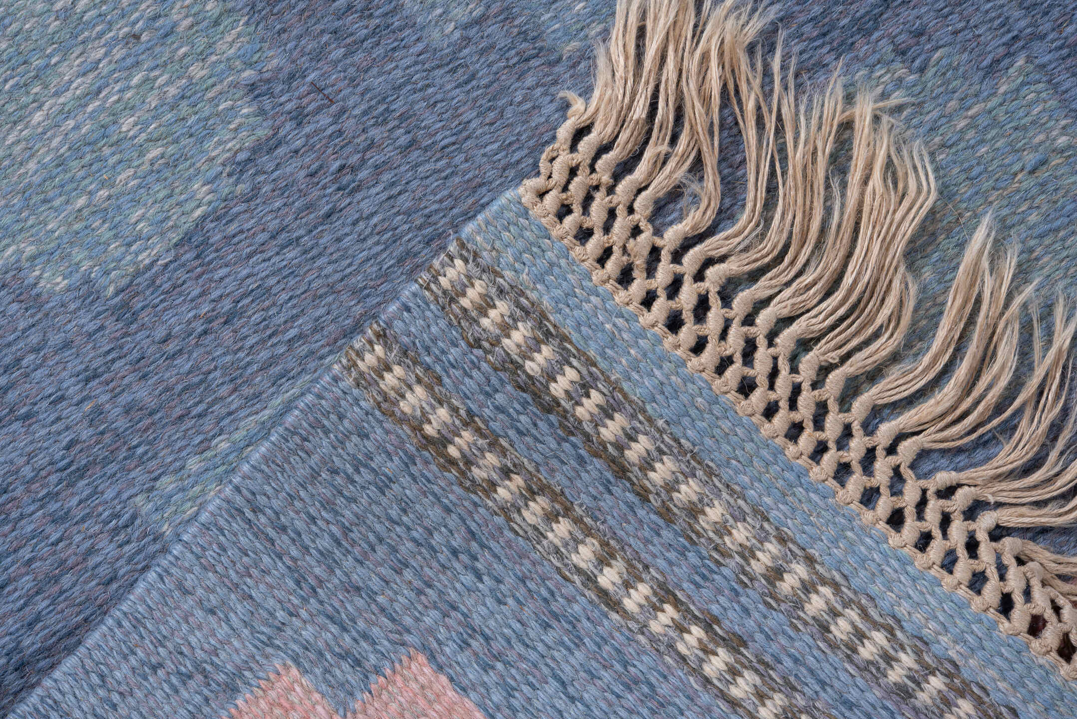 5' x 8' one-of-a-kind handmade antique Kilim medium size rug. Color palette: blue, blush, ivory, pale blue, gray, taupe