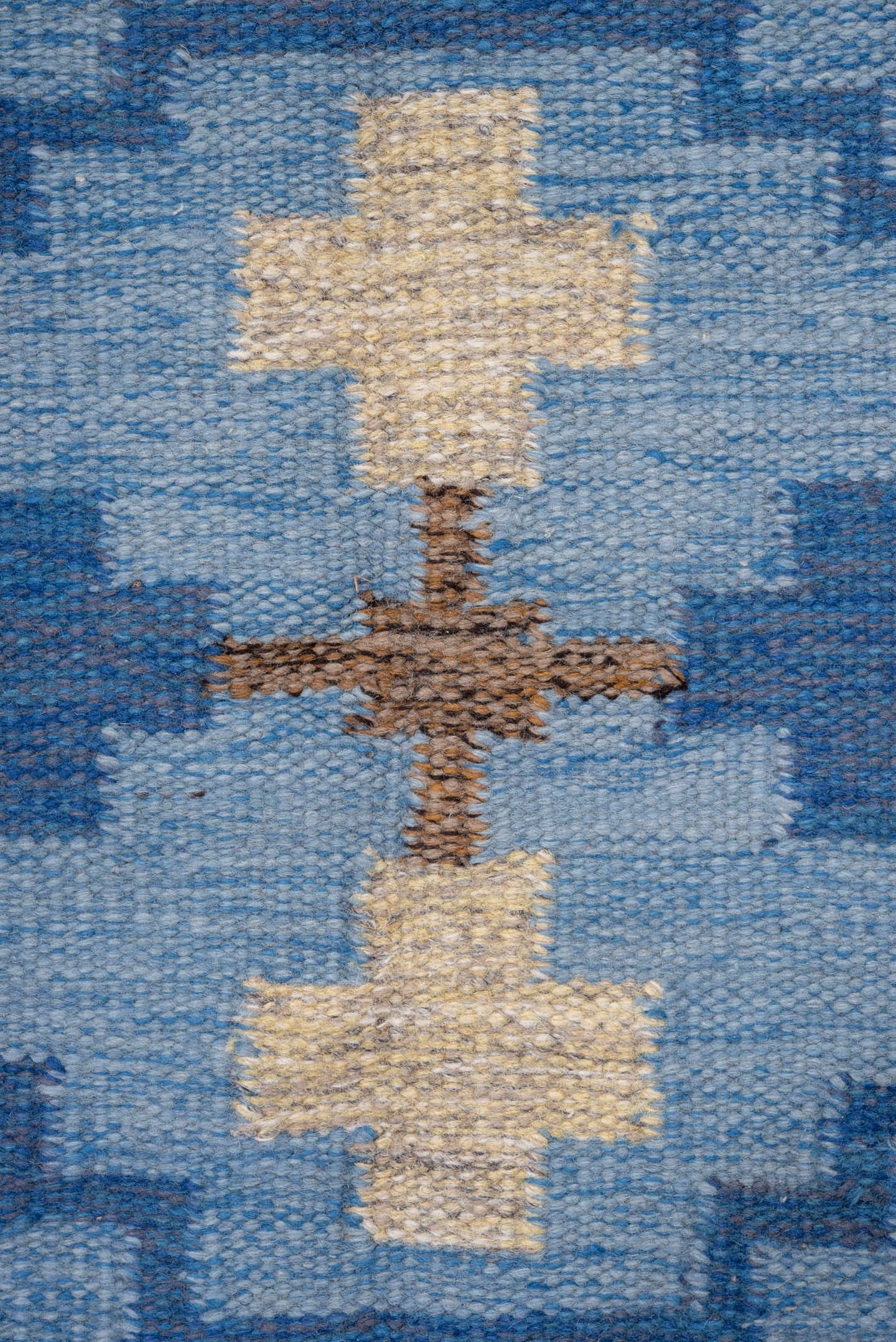 5' x 7' one-of-a-kind handmade antique Rollaken rug. Color palette: sky blue, navy, ivory, taupe, slate blue, light blue