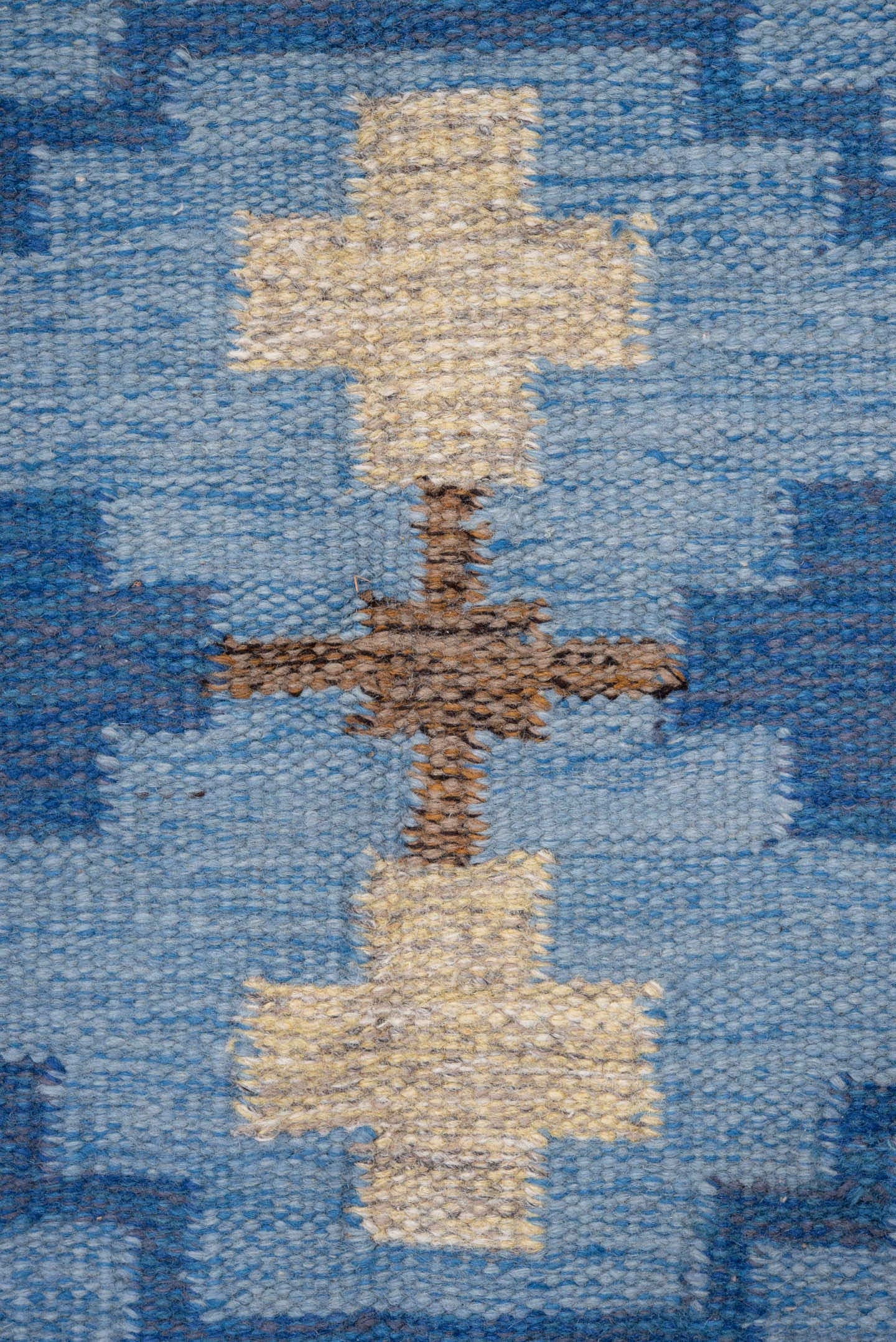 5' x 7' one-of-a-kind handmade antique Rollaken rug. Color palette: sky blue, navy, ivory, taupe, slate blue, light blue