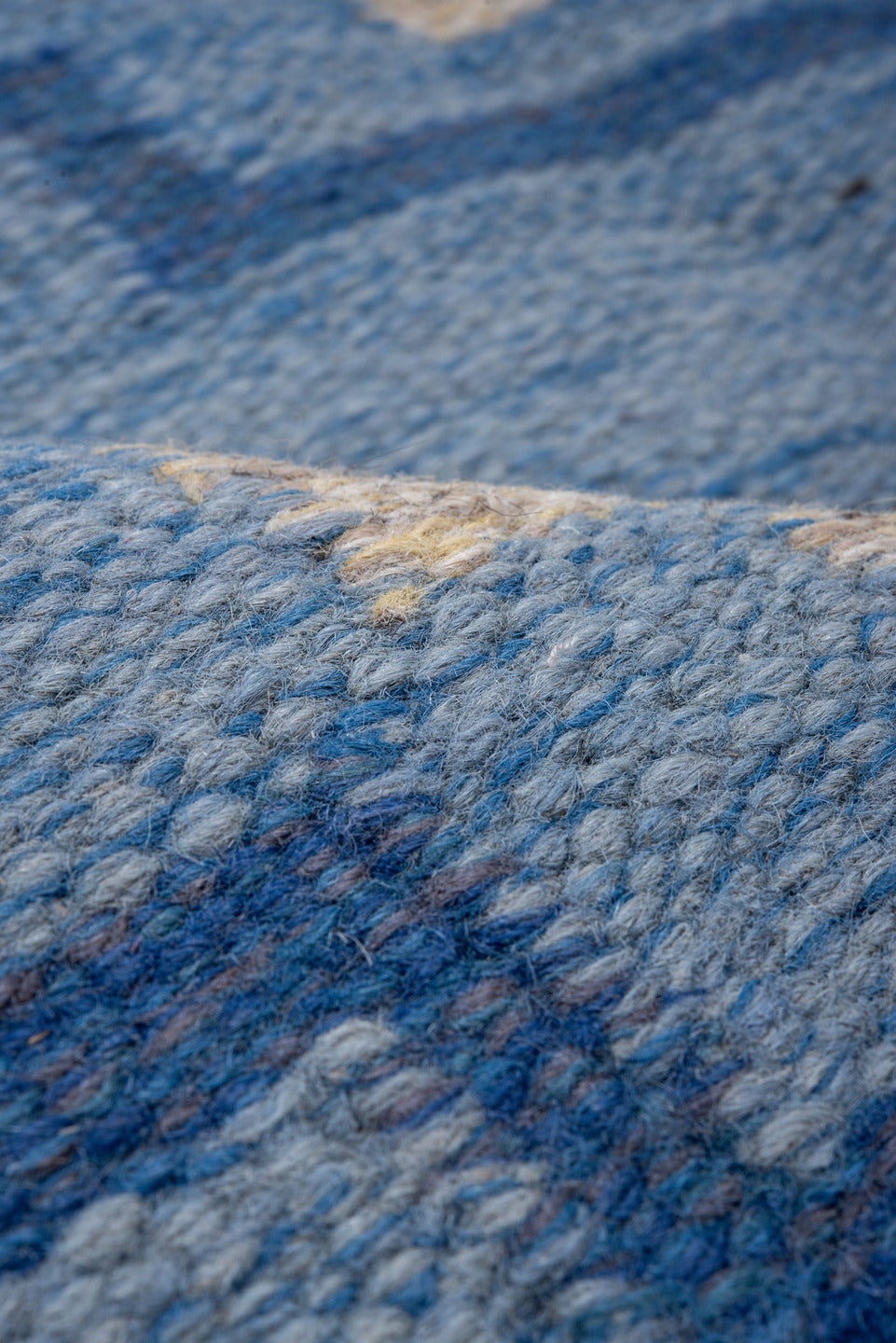 5' x 7' one-of-a-kind handmade vintage Rollaken rug. Color palette: blue, brown, gainsboro, gray, light blue, light gray