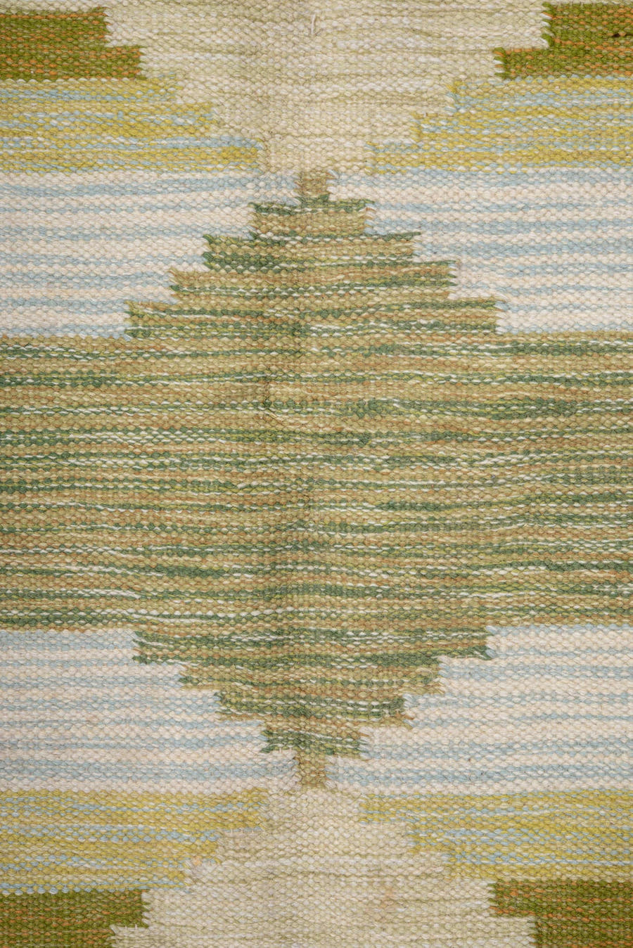 5' x 7' one-of-a-kind handmade antique Rollaken rug. Color palette: olive, ivory, pale_blue, butter_yellow, sage, taupe