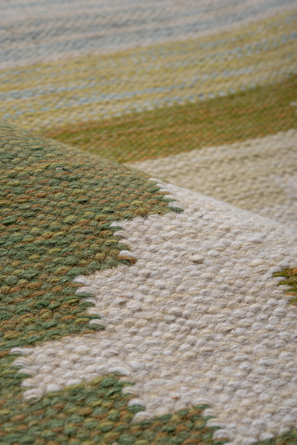 5' x 7' one-of-a-kind handmade antique Rollaken rug. Color palette: olive, ivory, pale_blue, butter_yellow, sage, taupe