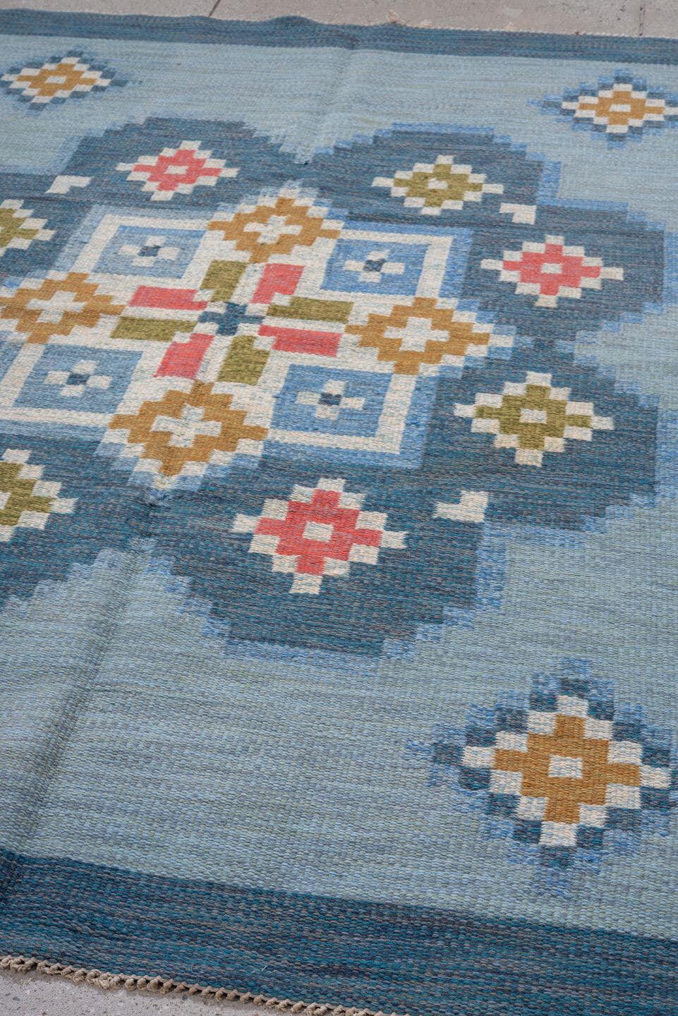 5' x 8' one-of-a-kind handmade antique Rollaken medium size rug. Color palette: light blue, slate blue, ivory, gold, olive