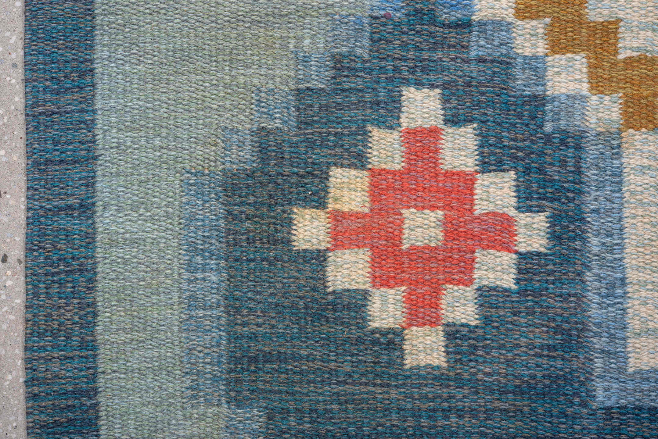 5' x 8' one-of-a-kind handmade vintage Rollaken medium size rug. Color palette: blue, brown, dark gray, fiord, gainsboro