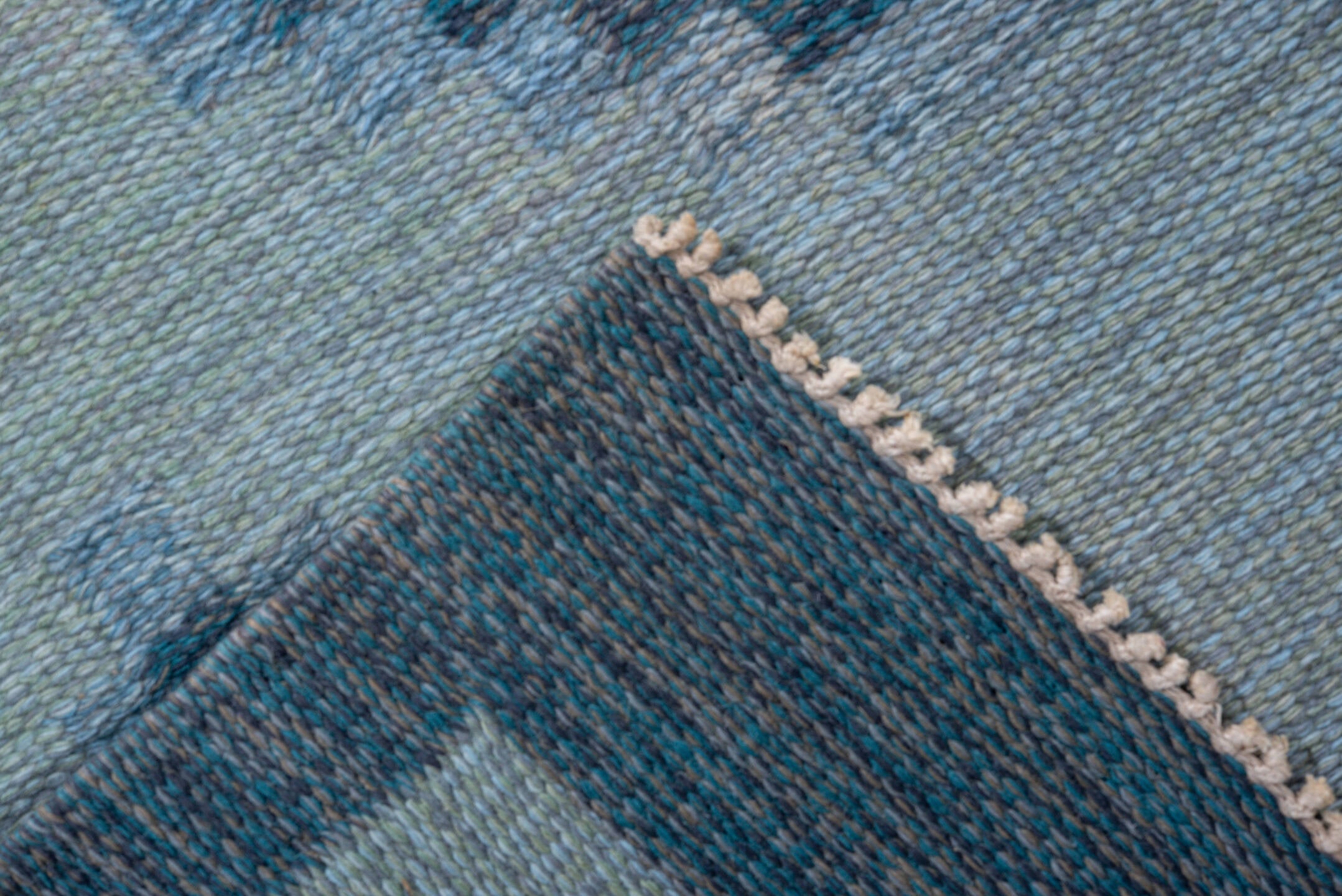 5' x 8' one-of-a-kind handmade vintage Rollaken medium size rug. Color palette: blue, brown, dark gray, fiord, gainsboro