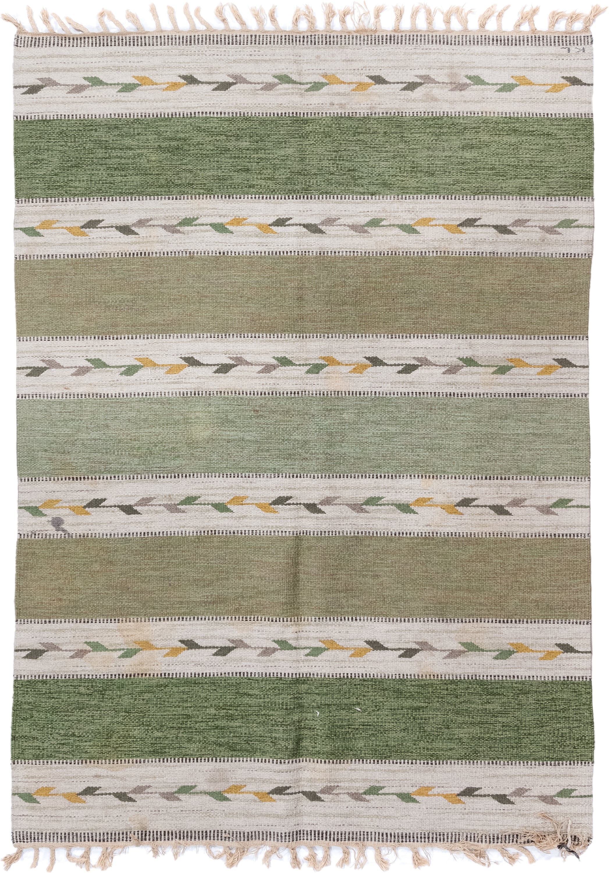 5' x 7' one-of-a-kind handmade antique Rollaken rug. Color palette: olive, ivory, sage, taupe, gold, gray, green, beige
