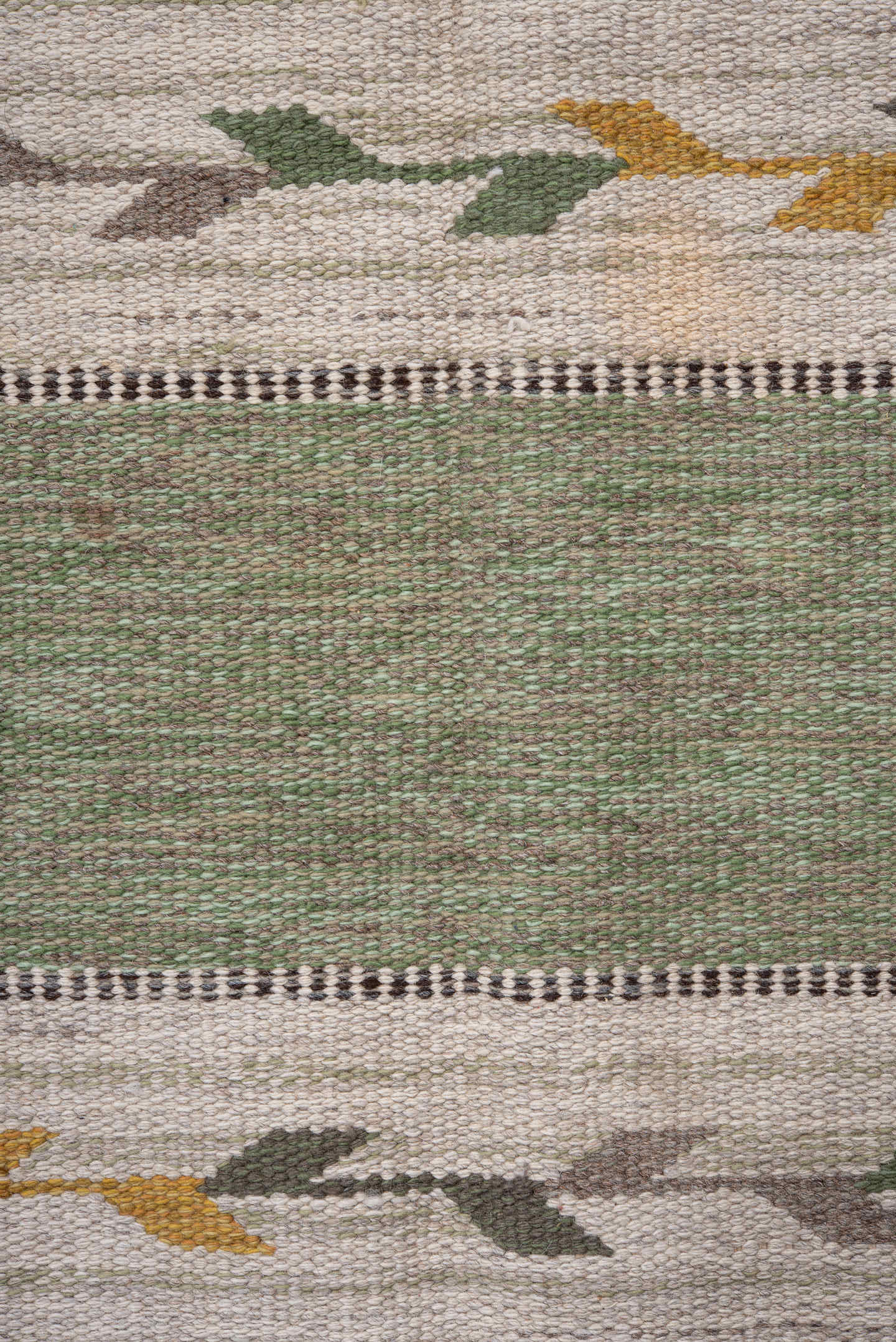 5' x 7' one-of-a-kind handmade antique Rollaken rug. Color palette: olive, ivory, sage, taupe, gold, gray, green, beige