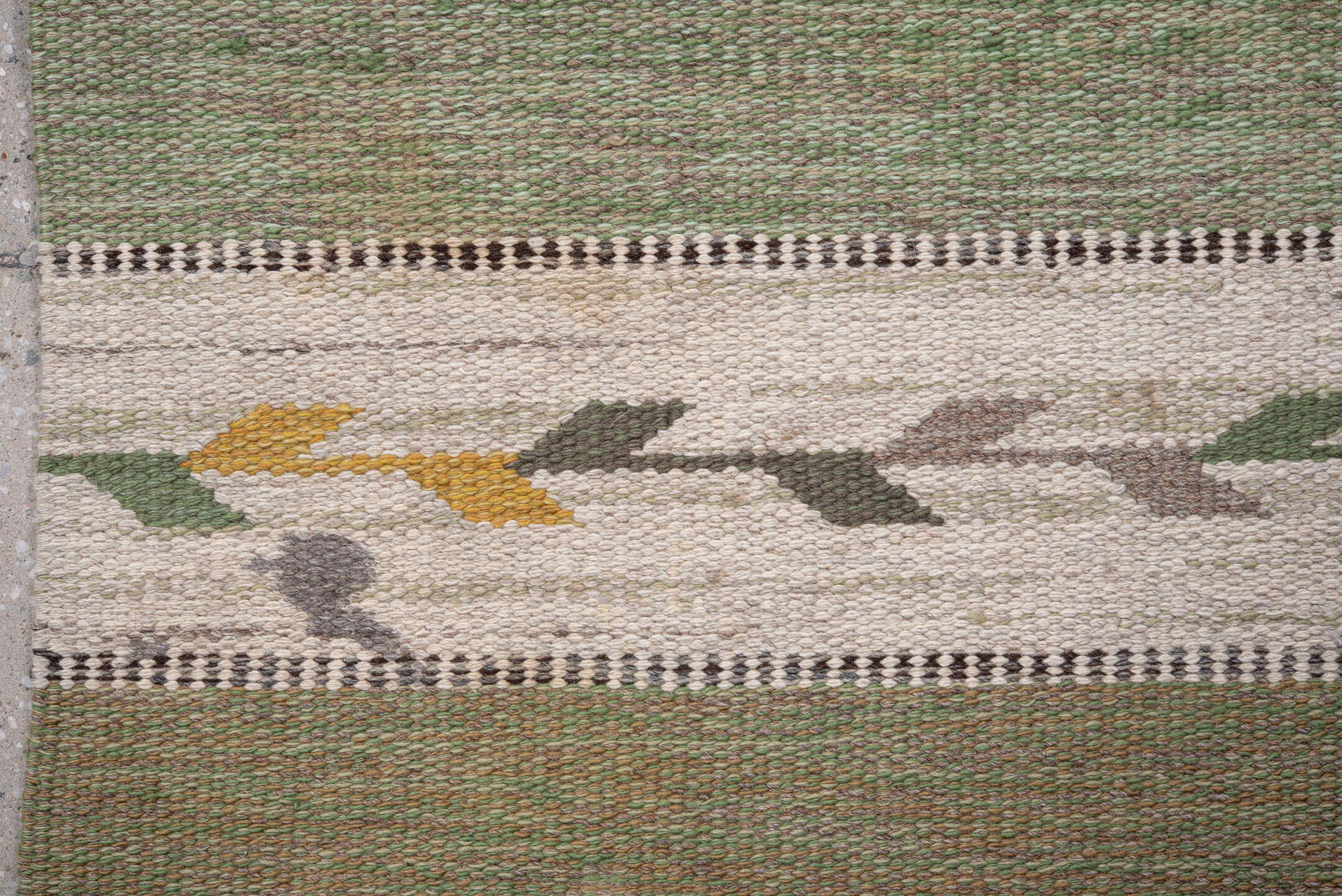 5' x 7' one-of-a-kind handmade antique Rollaken rug. Color palette: olive, ivory, sage, taupe, gold, gray, green, beige