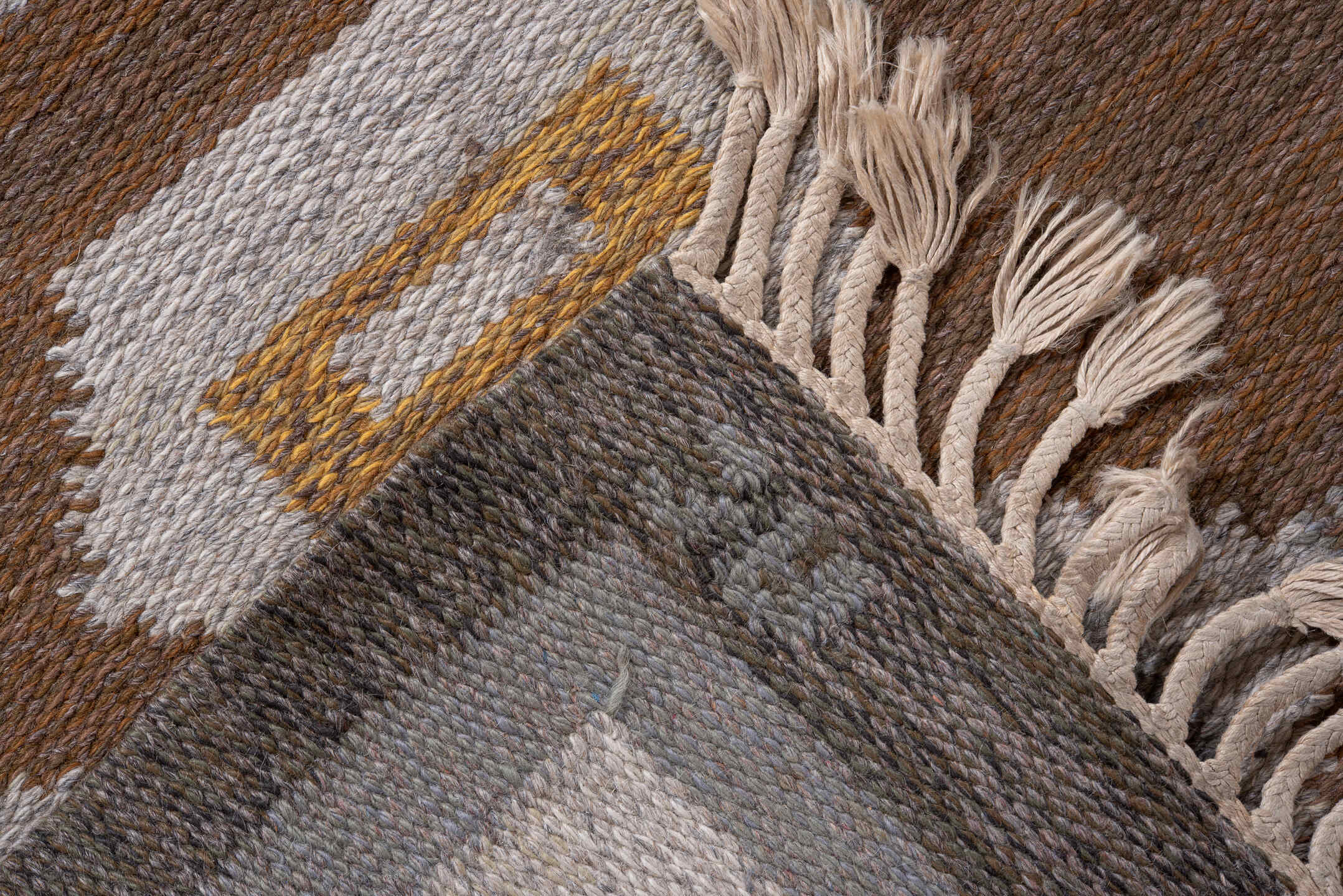 5' x 7' one-of-a-kind handmade antique Rollaken rug. Color palette: brown, ivory, gray, taupe, gold, beige