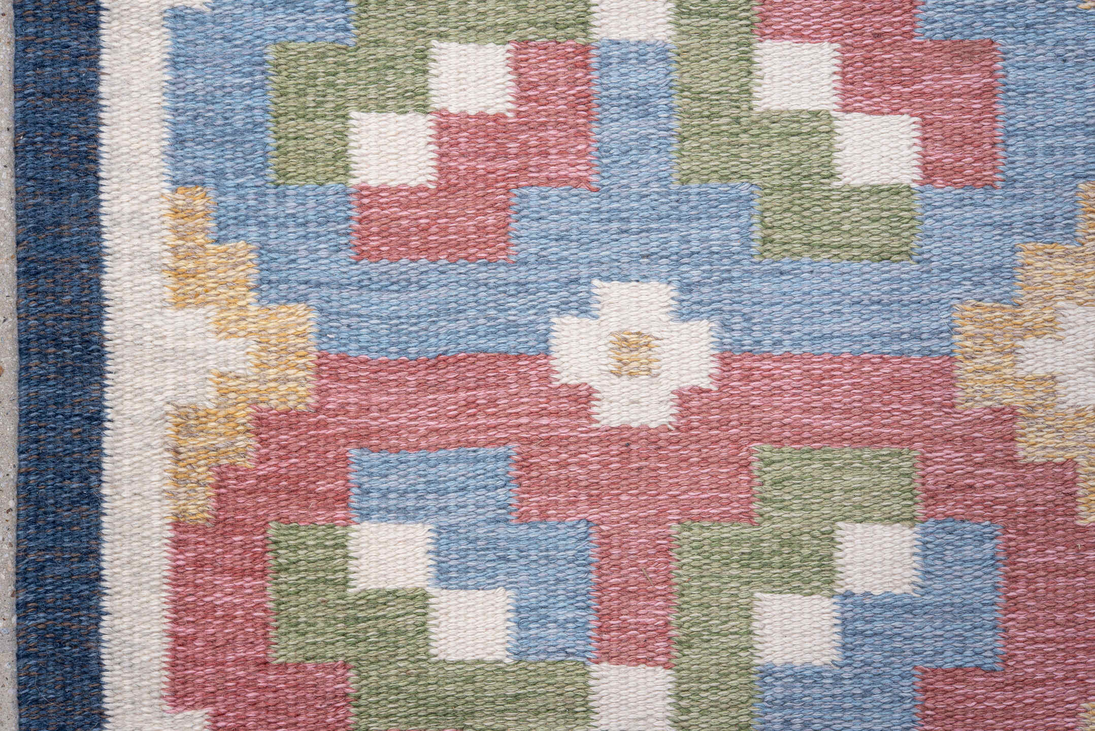 5' x 8' one-of-a-kind handmade vintage Rollaken medium size rug. Color palette: blue, brown, fiord, gainsboro, gray