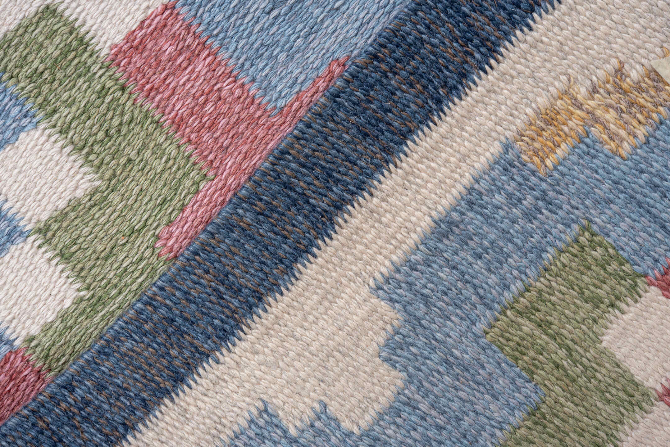 5' x 8' one-of-a-kind handmade antique Rollaken medium size rug. Color palette: ivory, dusty rose, sky blue, slate, sage
