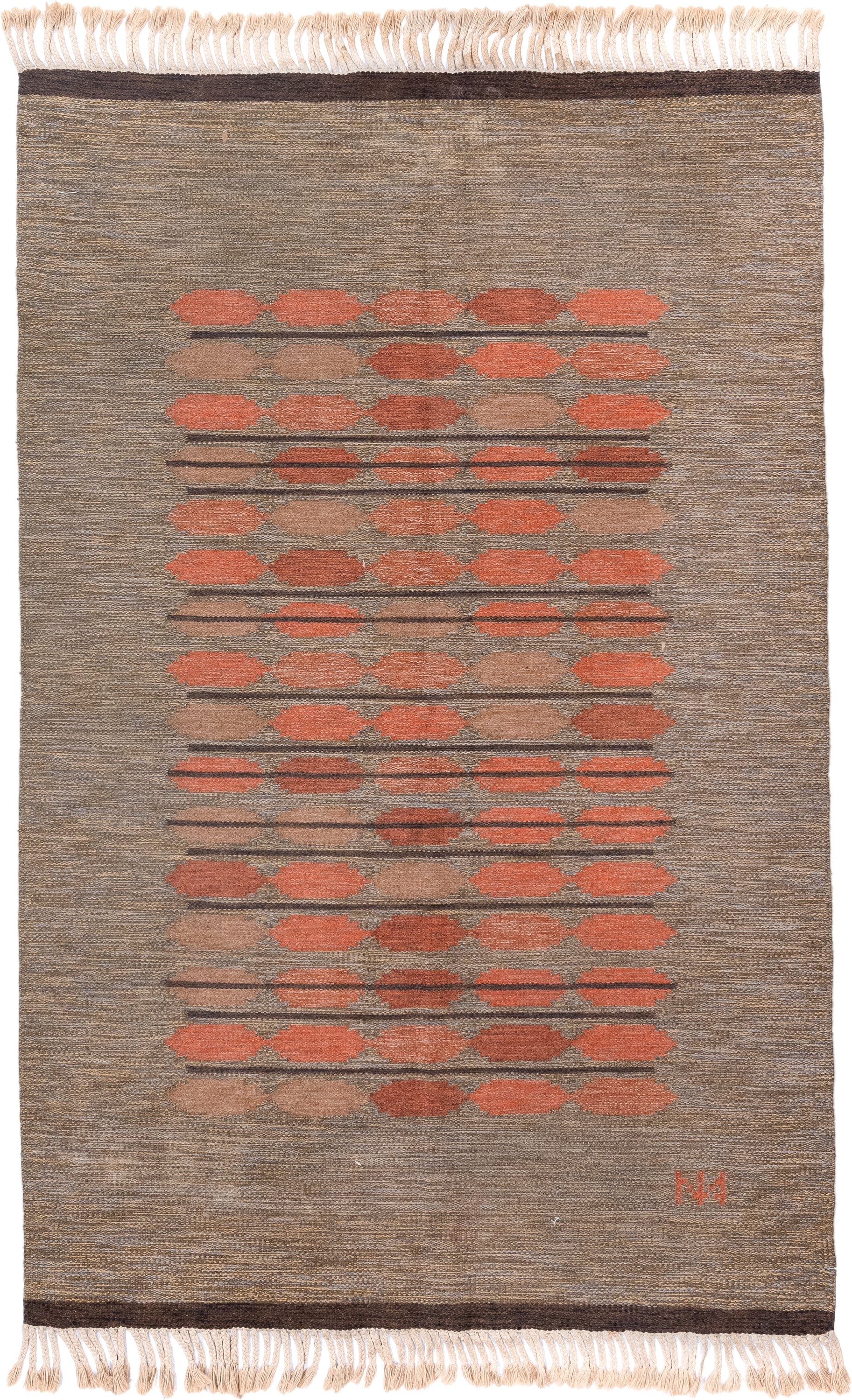5' x 8' one-of-a-kind handmade antique Rollaken medium size rug. Color palette: taupe, coral, rust, brown, camel, terracotta