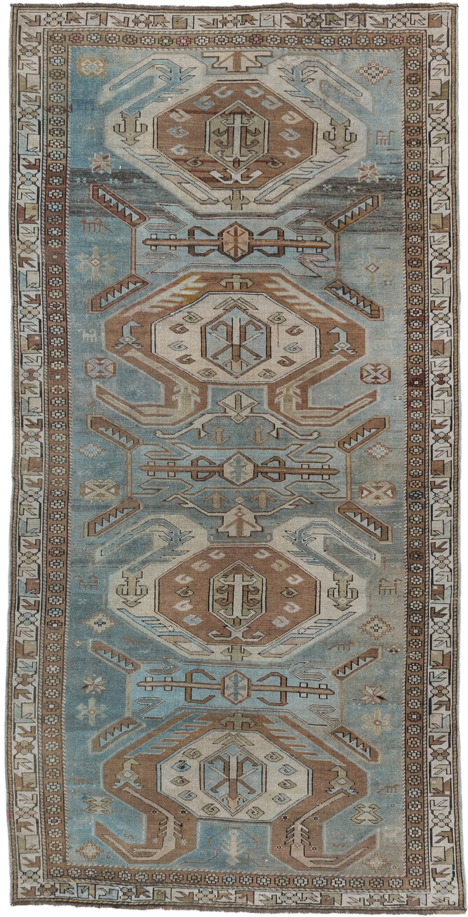 3' x 7' one-of-a-kind handmade vintage Tabriz runner rug. Color palette: sky blue, taupe, ivory, camel, brown, slate, rust