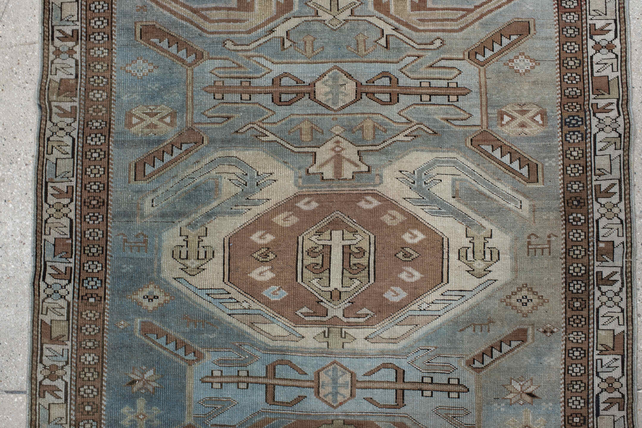 3' x 7' one-of-a-kind handmade vintage Tabriz runner rug. Color palette: sky blue, taupe, ivory, camel, brown, slate, rust