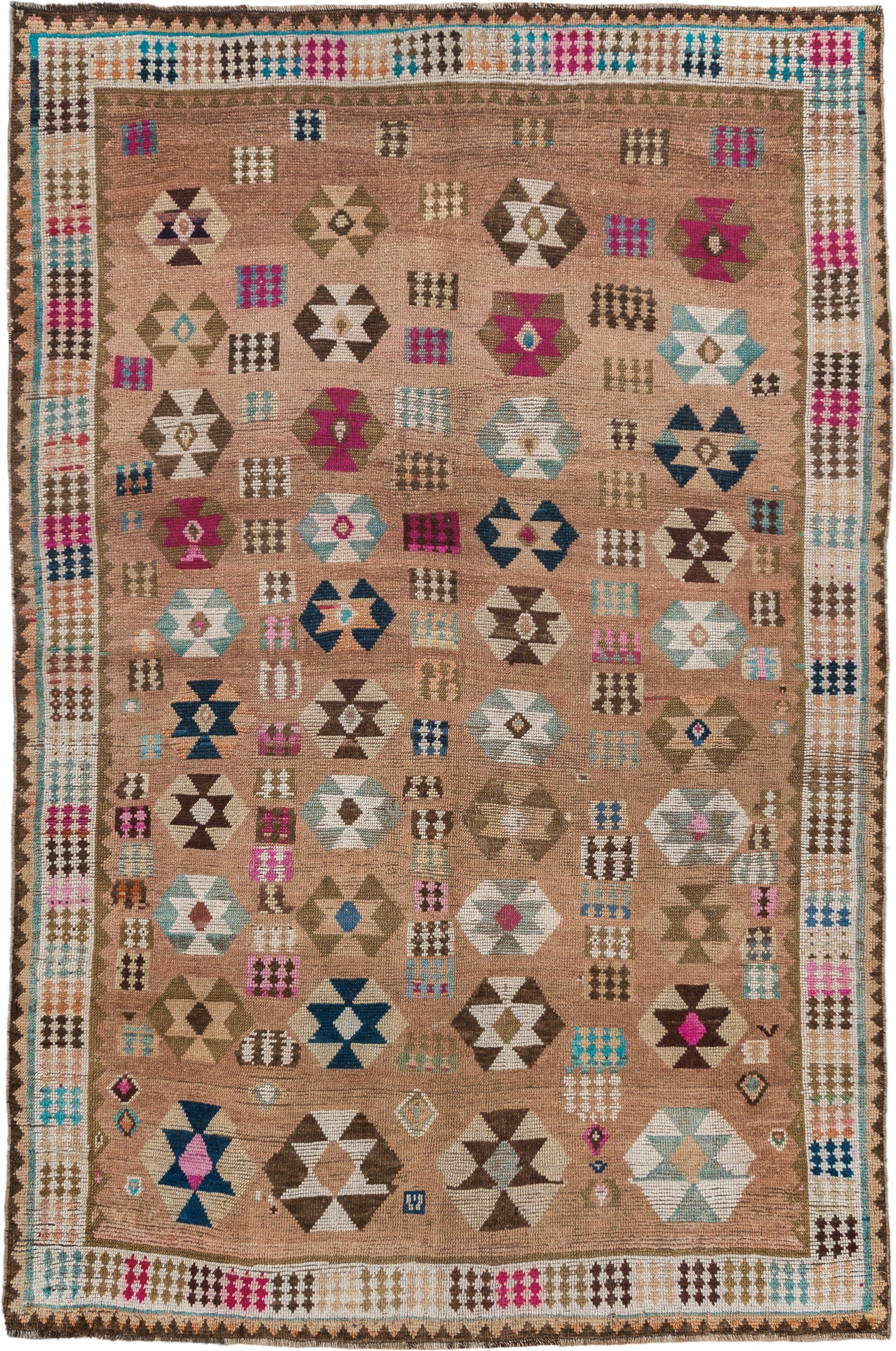 4' x 7' one-of-a-kind handmade vintage Gabbe rug. Color palette: camel, ivory, brown, turquoise, magenta, taupe, navy, rose