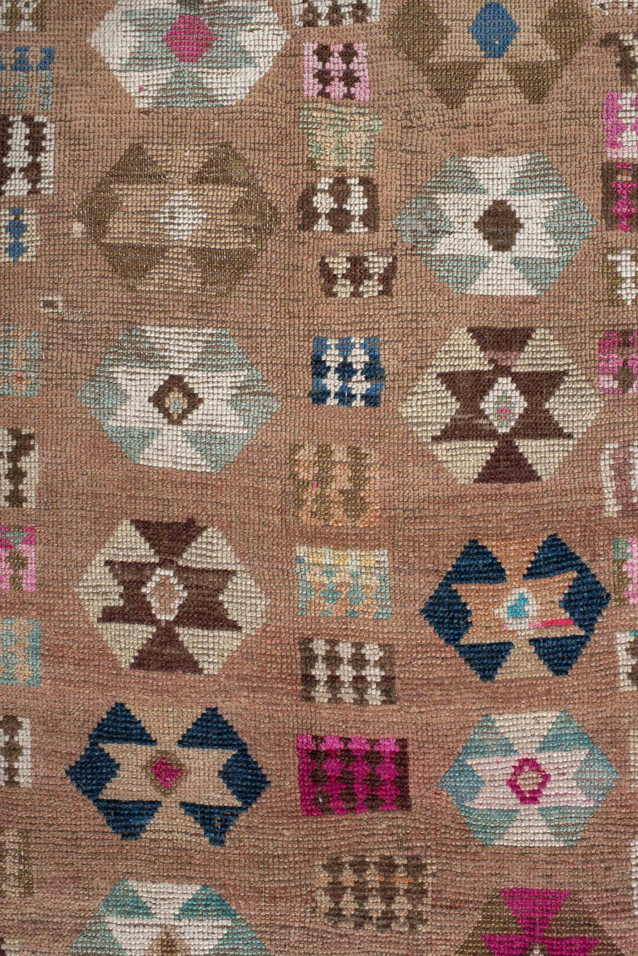 4' x 7' one-of-a-kind handmade vintage Gabbe rug. Color palette: camel, ivory, brown, turquoise, magenta, taupe, navy, rose