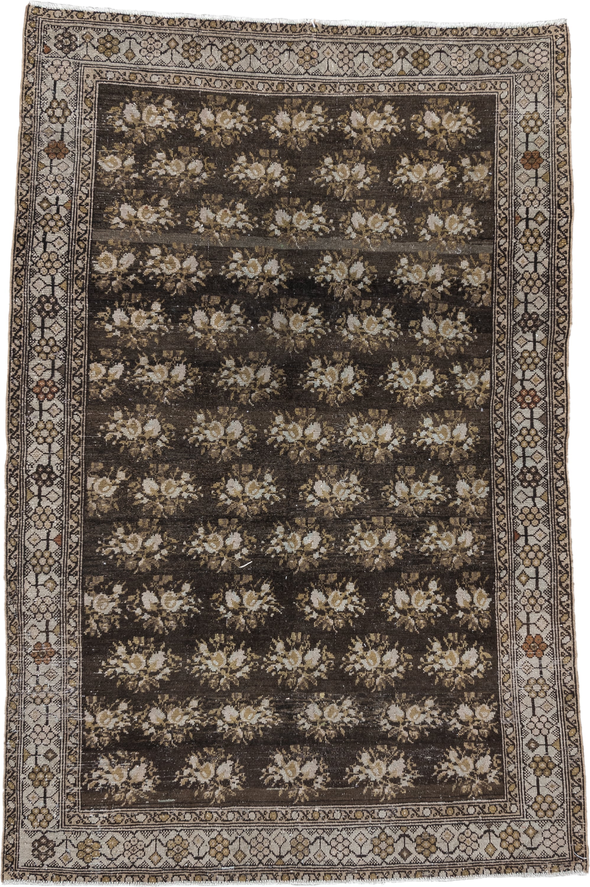 4' x 7' one-of-a-kind handmade vintage rug. Color palette: brown, ivory, taupe, camel, charcoal, gold, rust, beige, gray