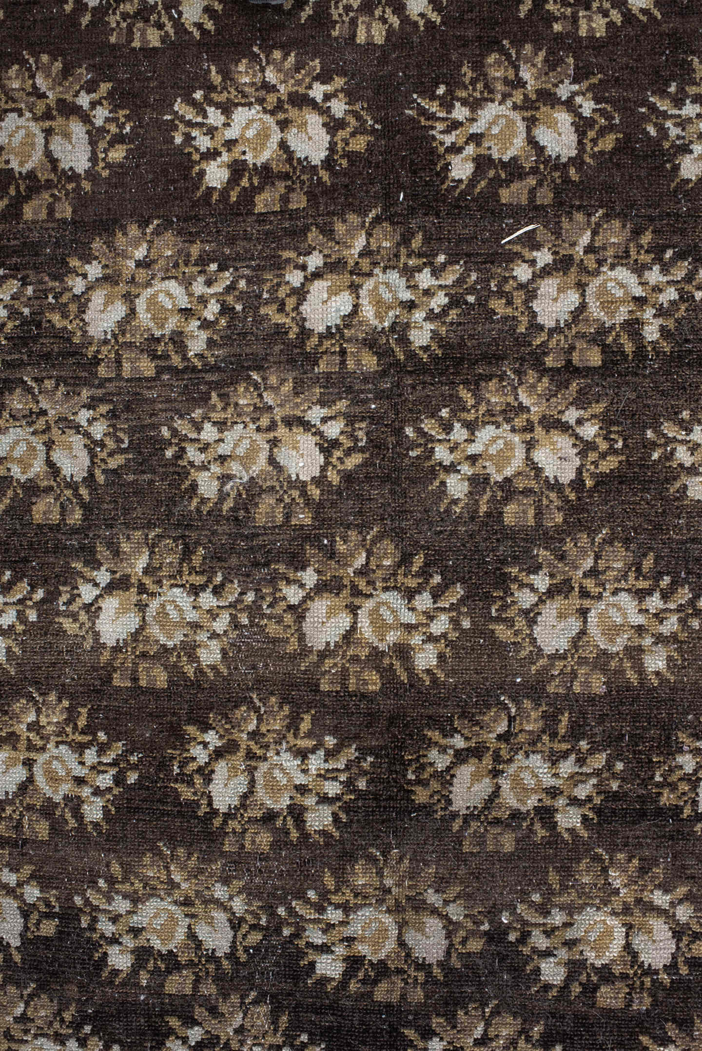 4' x 7' one-of-a-kind handmade vintage rug. Color palette: brown, ivory, taupe, camel, charcoal, gold, rust, beige, gray