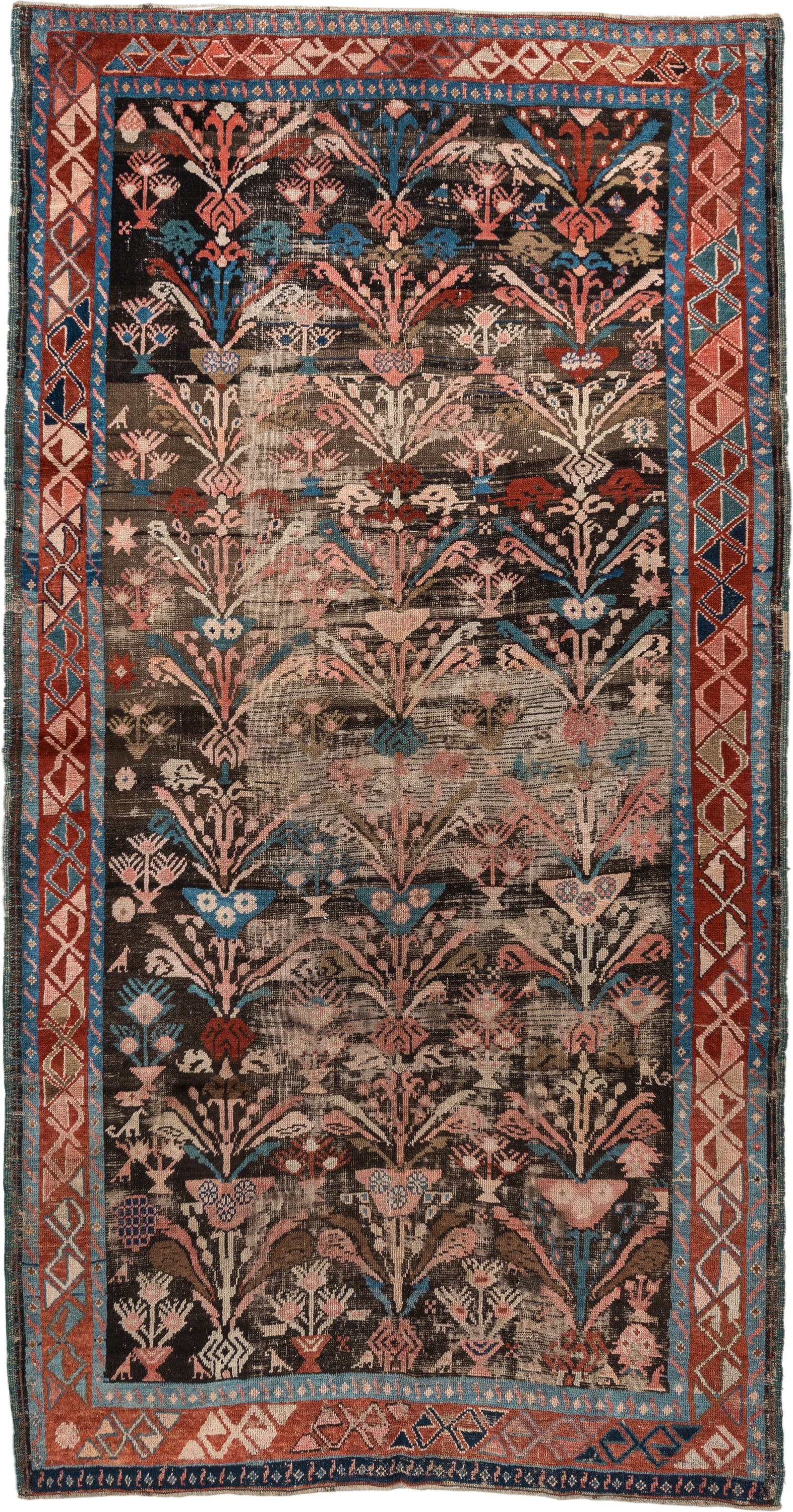 4' x 8' one-of-a-kind handmade vintage Karabagh rug. Color palette: charcoal, rust, ivory, turquoise, rose, taupe, navy