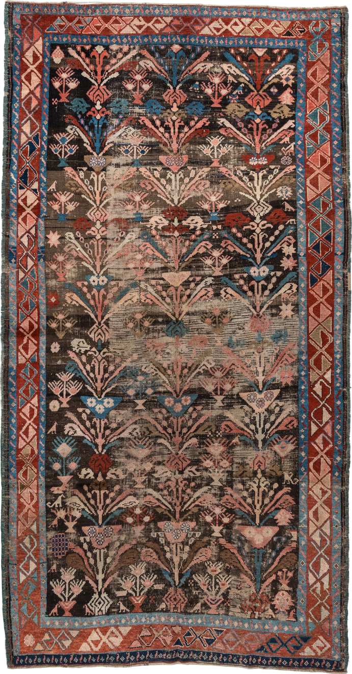 4' x 8' one-of-a-kind handmade vintage Karabagh rug. Color palette: arapawa, black, blue, brown, dark gray, gray, off-white