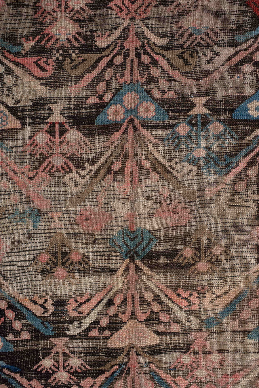 4' x 8' one-of-a-kind handmade vintage Karabagh rug. Color palette: charcoal, rust, ivory, turquoise, rose, taupe, navy