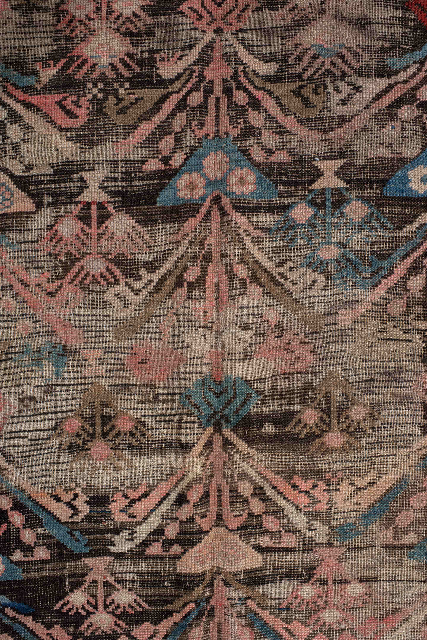 4' x 8' one-of-a-kind handmade vintage Karabagh rug. Color palette: charcoal, rust, ivory, turquoise, rose, taupe, navy