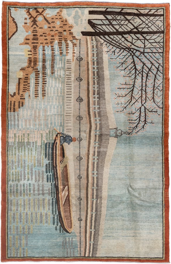 6' x 9' one-of-a-kind handmade vintage Khotan medium size rug. Color palette: sky blue, ivory, rust, brown, taupe, charcoal