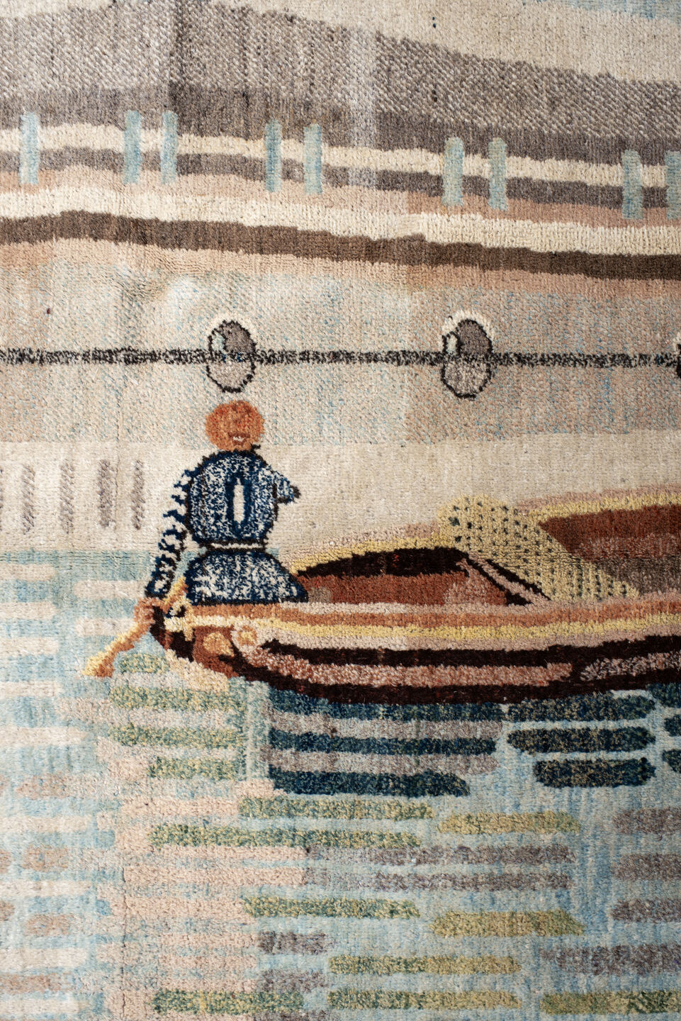 6' x 9' one-of-a-kind handmade vintage Khotan medium size rug. Color palette: sky blue, ivory, rust, brown, taupe, charcoal