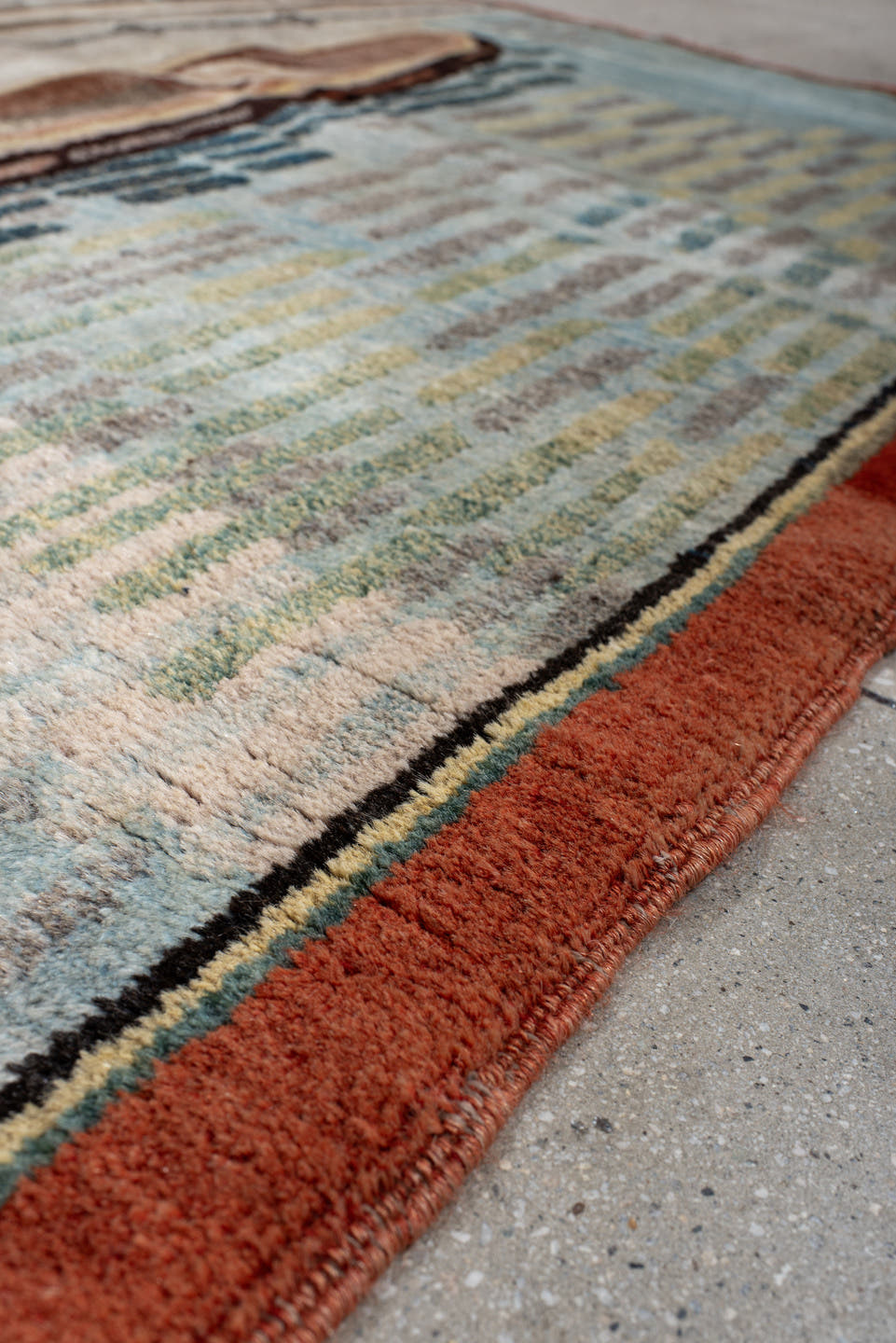 6' x 9' one-of-a-kind handmade vintage Khotan medium size rug. Color palette: sky blue, ivory, rust, brown, taupe, charcoal