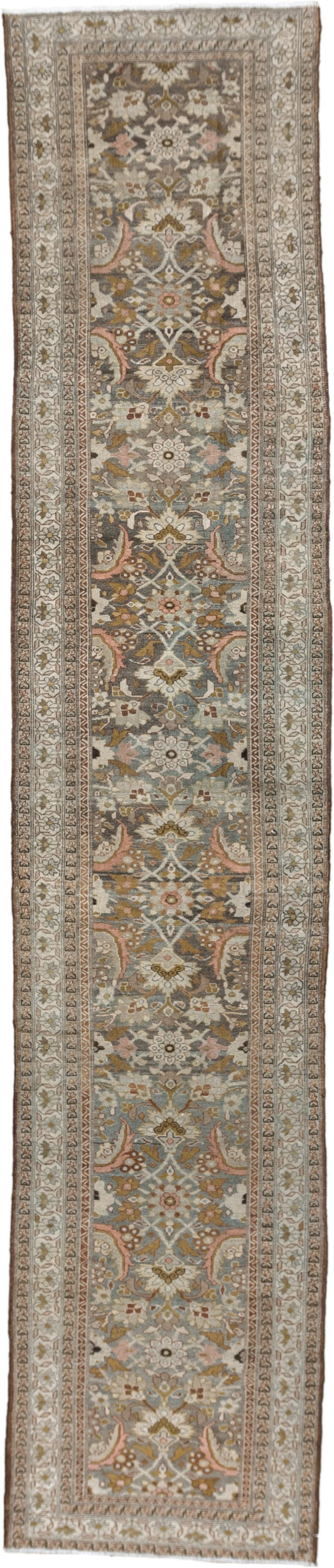 3' x 16' one-of-a-kind handmade vintage Malayer runner rug. Color palette: taupe, ivory, brown, slate, rose, camel, sage