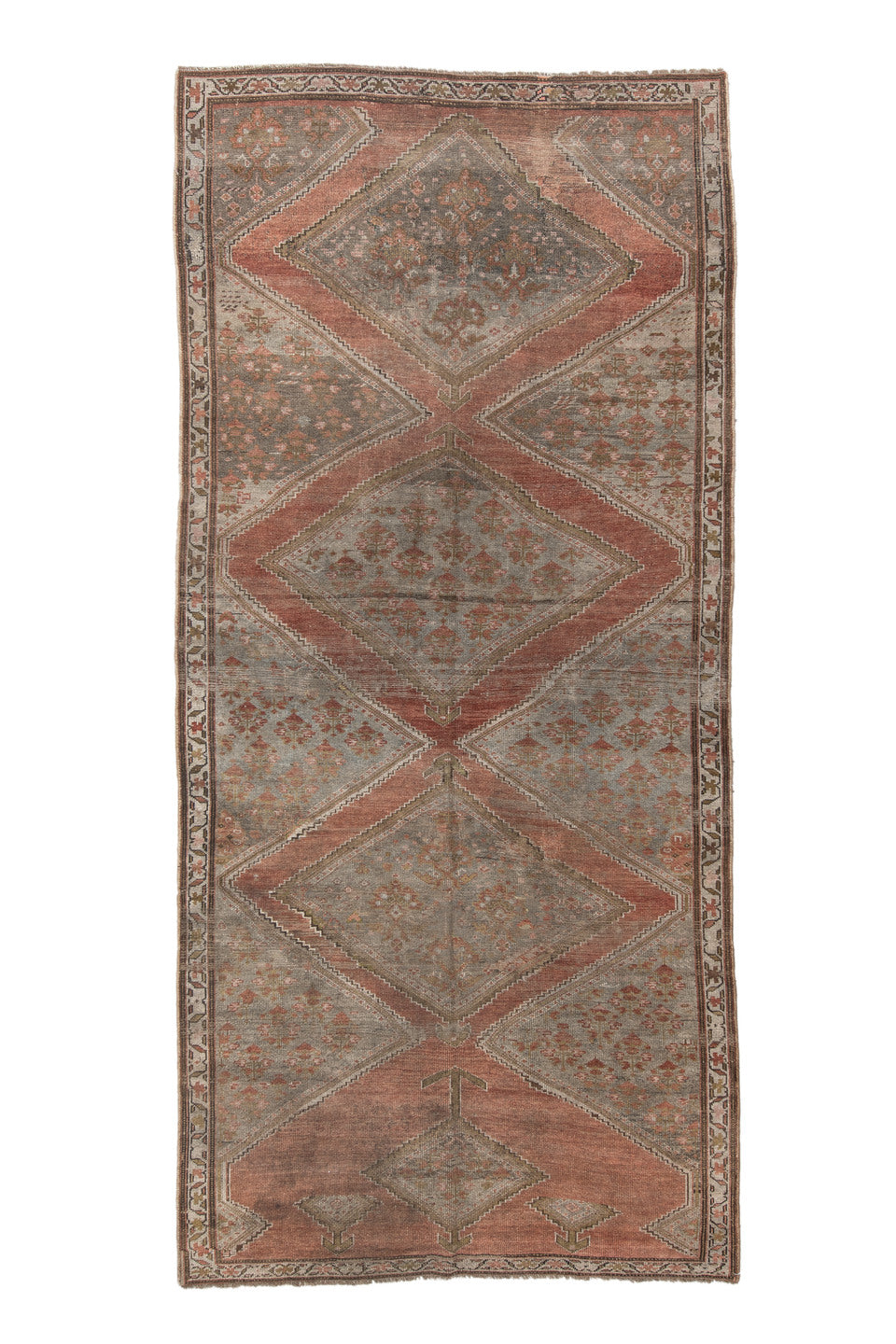 5' x 11' one-of-a-kind handmade antique NW Persian rug. Color palette: taupe, terra cotta, ivory, brown, sage, rust, beige