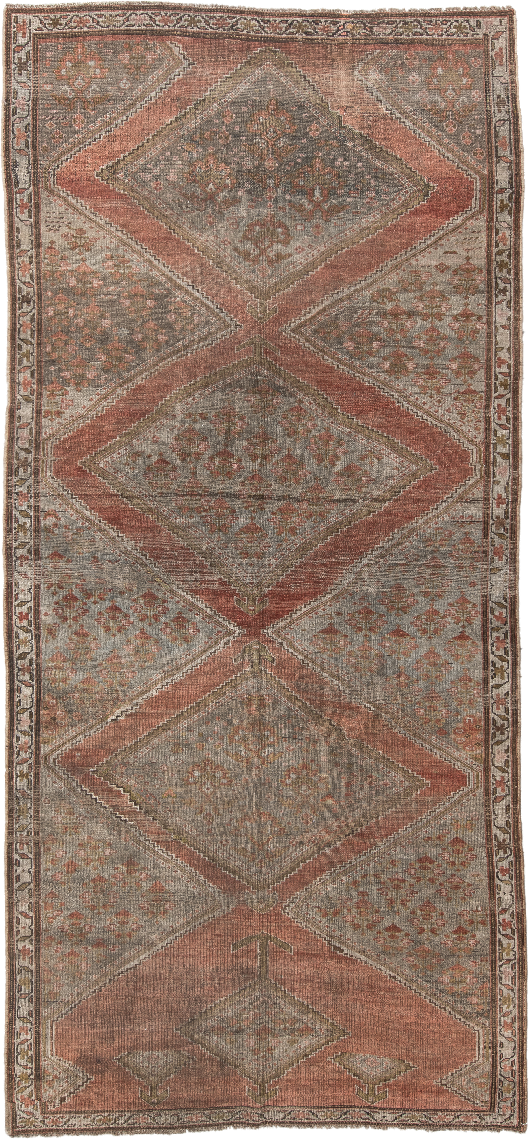 5' x 11' one-of-a-kind handmade antique NW Persian rug. Color palette: taupe, terra cotta, ivory, brown, sage, rust, beige