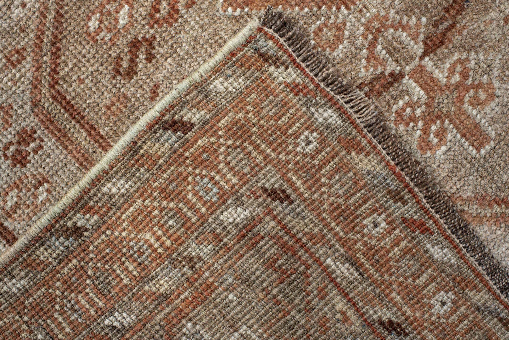 3' x 12' one-of-a-kind handmade vintage Shiraz runner rug. Color palette: brown, gray, light gray, off-white, orange, pink