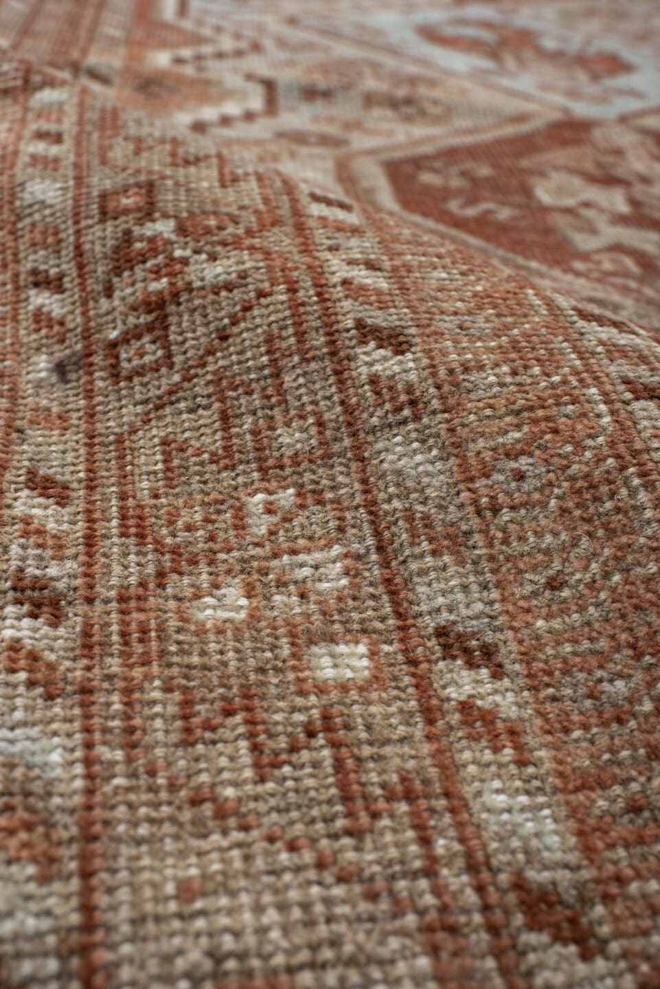 3' x 12' one-of-a-kind handmade vintage Shiraz runner rug. Color palette: ivory, rust, camel, taupe, pale blue, brown