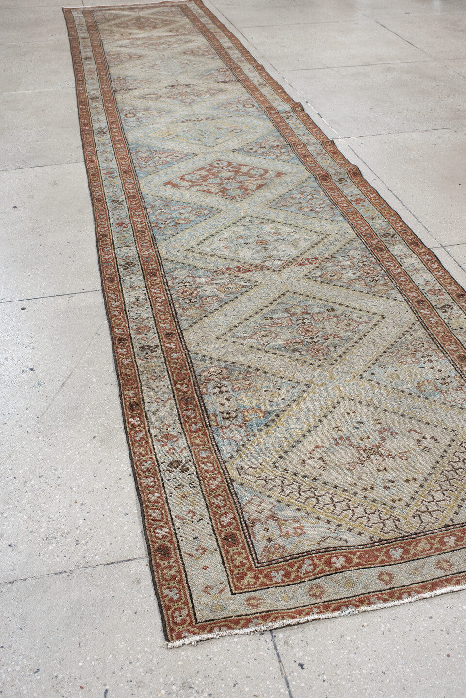 0' x 0' one-of-a-kind handmade vintage Malayer small size rug. Color palette: ivory, pale blue, rust, taupe, camel, sage