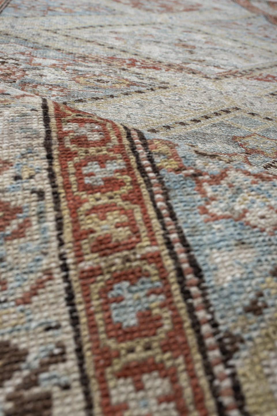 0' x 0' one-of-a-kind handmade vintage Malayer small size rug. Color palette: ivory, pale blue, rust, taupe, camel, sage