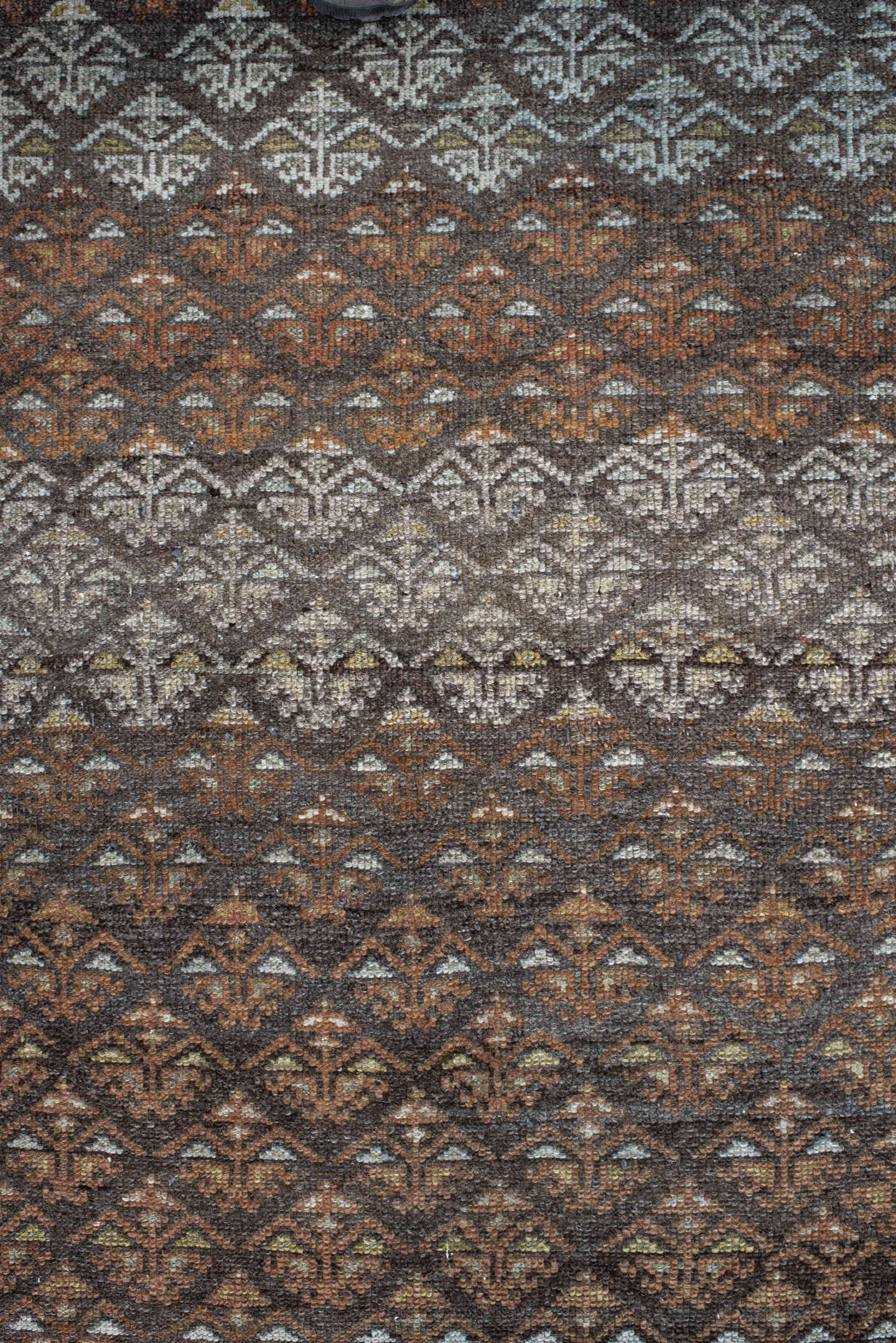 3' x 9' one-of-a-kind handmade vintage Malayer runner rug. Color palette: blue-gray, ivory, rust, brown, charcoal, taupe