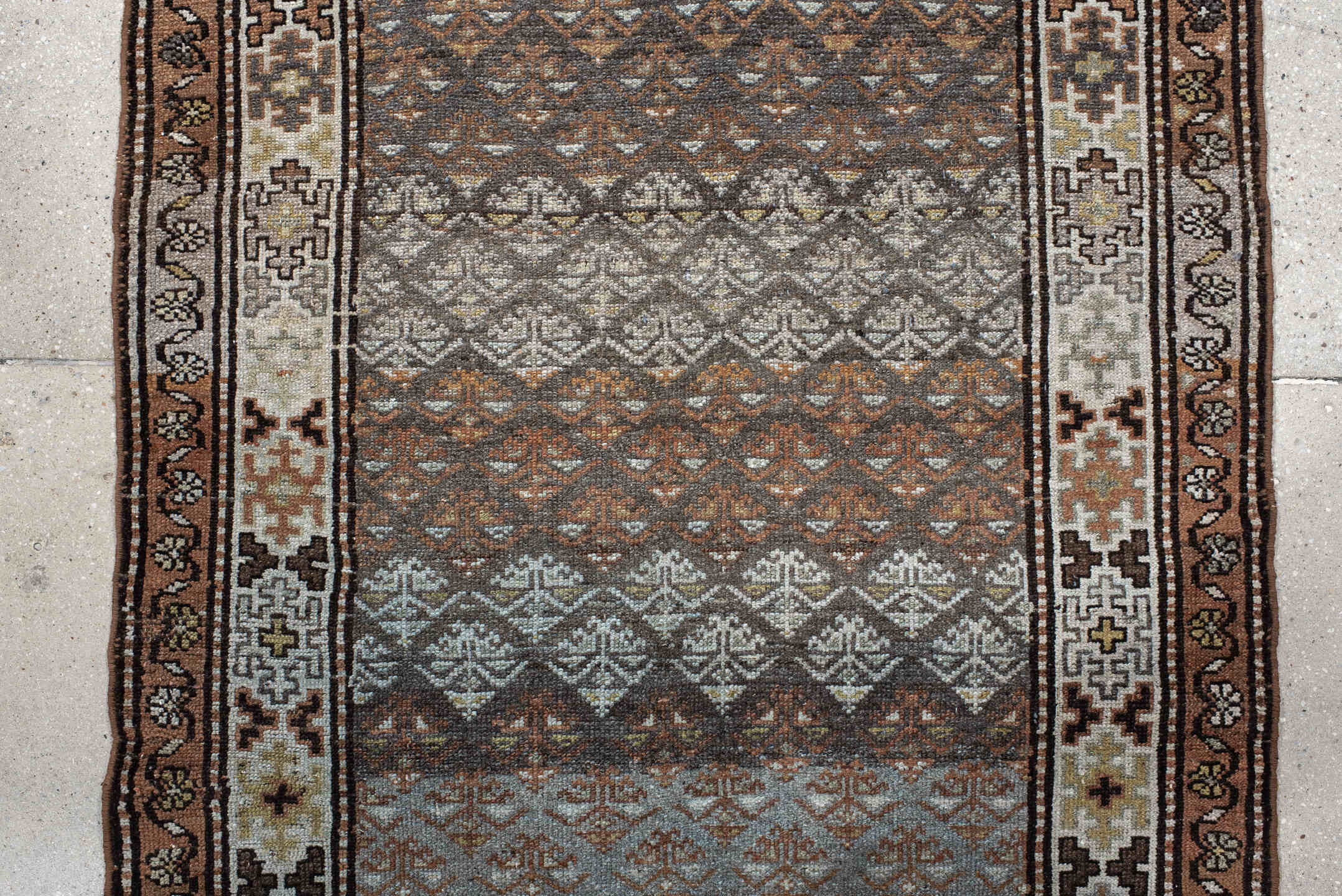 3' x 9' one-of-a-kind handmade vintage Malayer runner rug. Color palette: blue-gray, ivory, rust, brown, charcoal, taupe