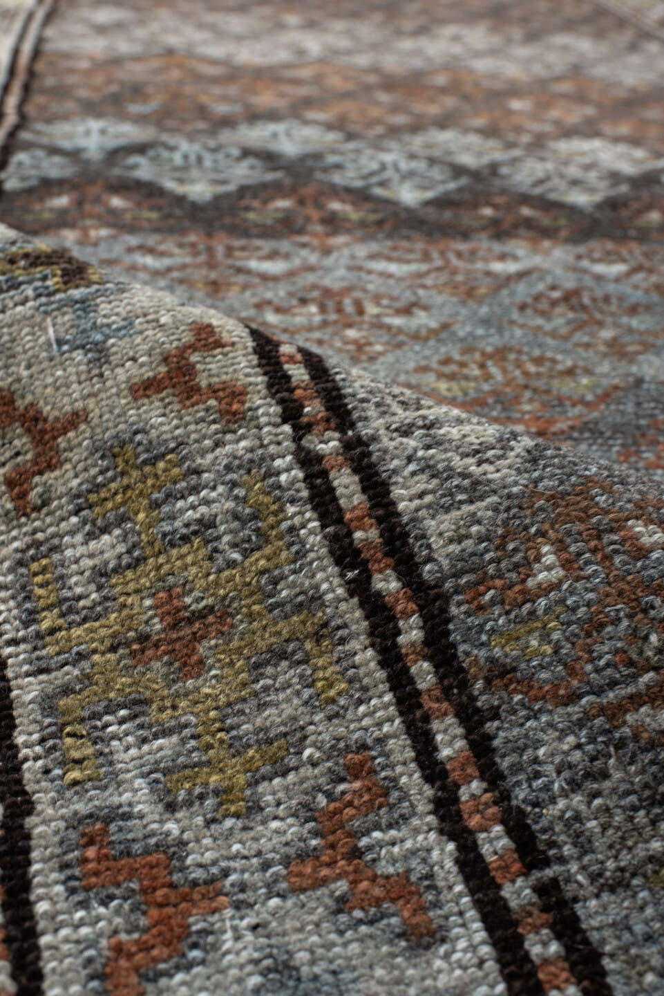 3' x 9' one-of-a-kind handmade vintage Malayer runner rug. Color palette: blue-gray, ivory, rust, brown, charcoal, taupe