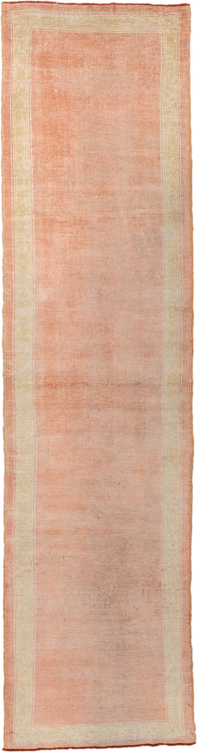 3' x 11' one-of-a-kind handmade vintage Oushak runner rug. Color palette: blush, ivory, peach, cream, apricot, pink