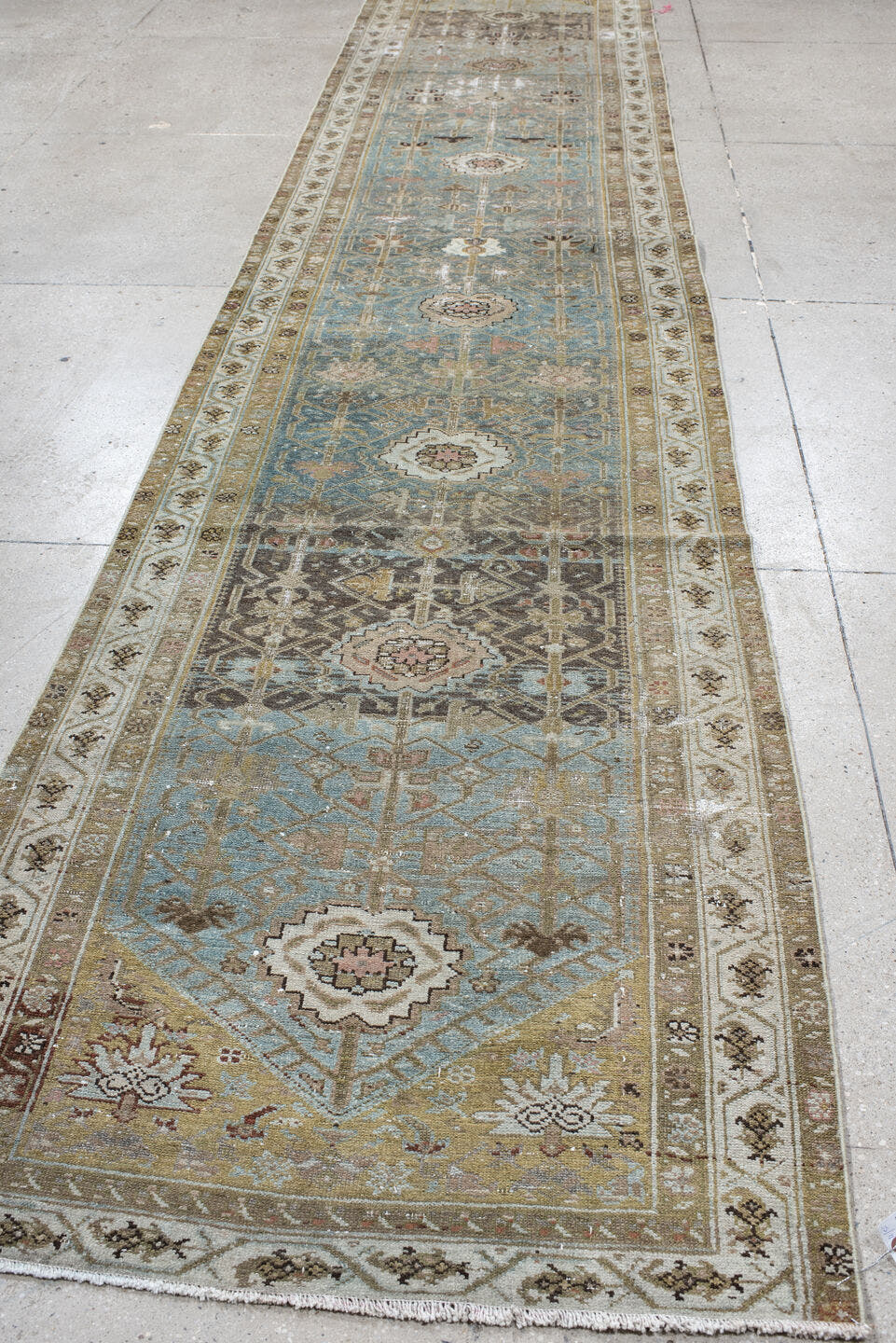 3' x 16' one-of-a-kind handmade vintage Malayer runner rug. Color palette: sky blue, ivory, taupe, beige, charcoal, blush
