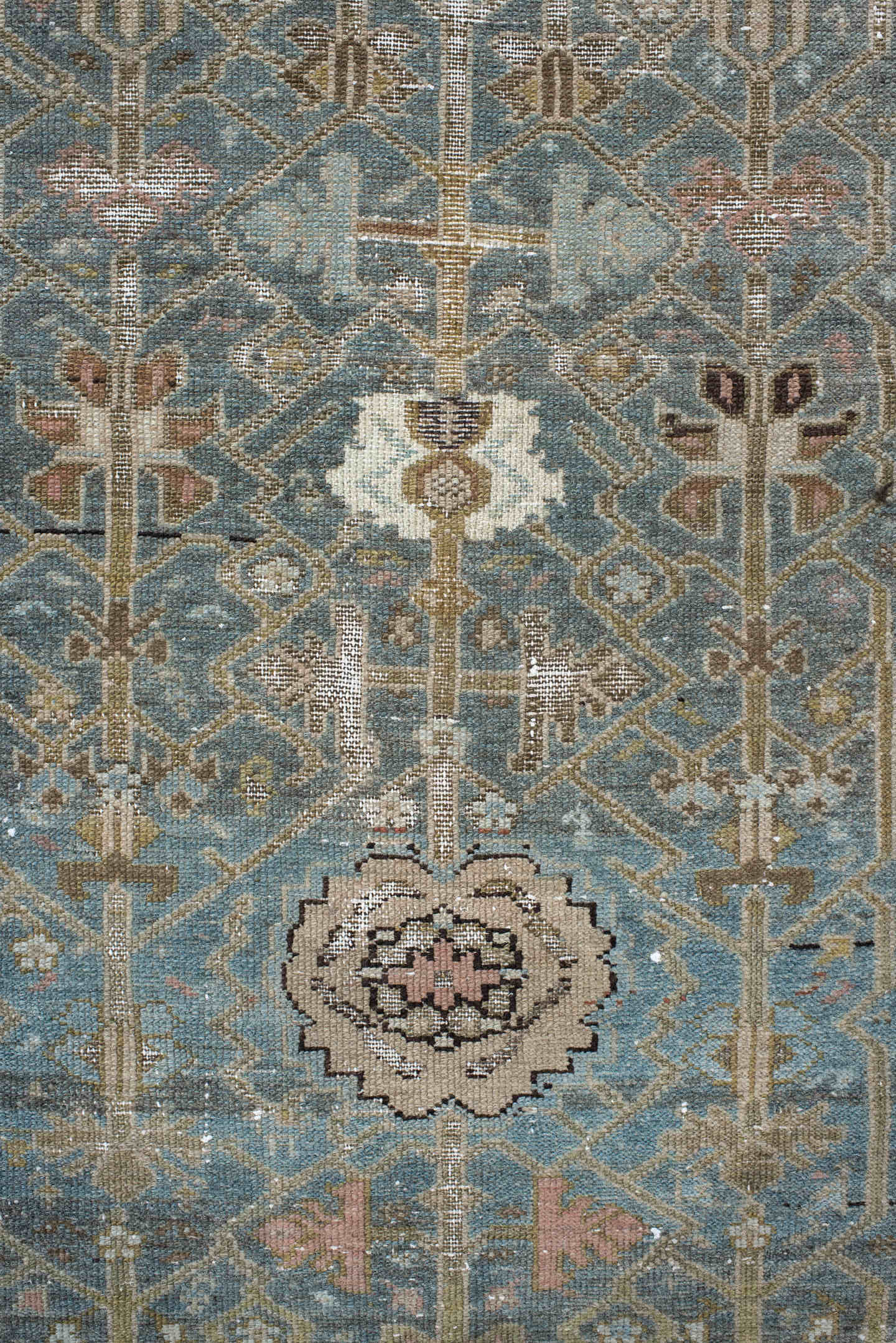 3' x 16' one-of-a-kind handmade vintage Malayer runner rug. Color palette: sky blue, ivory, taupe, beige, charcoal, blush