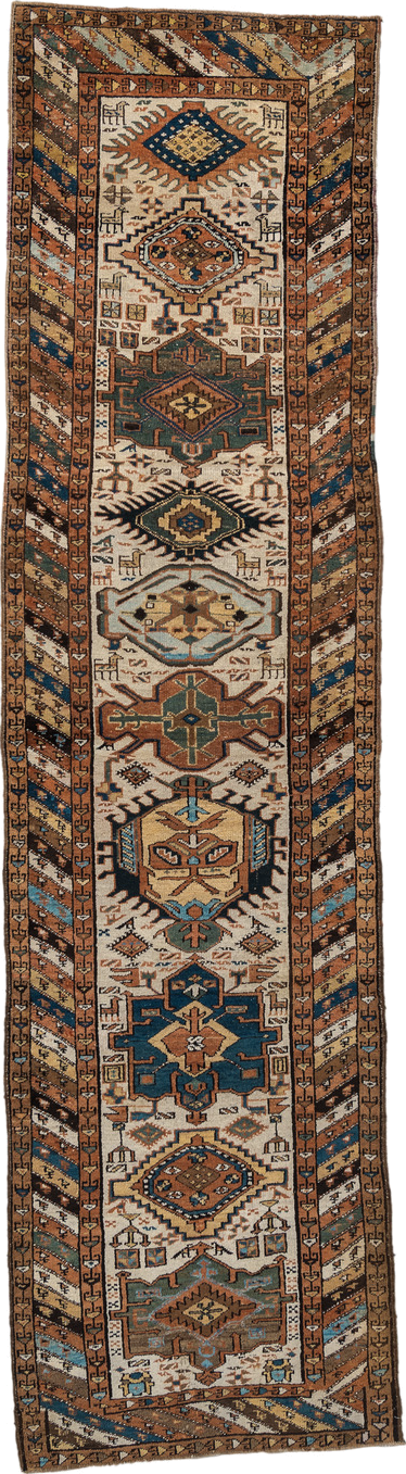 3' x 12' one-of-a-kind handmade vintage NW Persian runner rug. Color palette: arapawa, black, blue, brown, gray, light gray