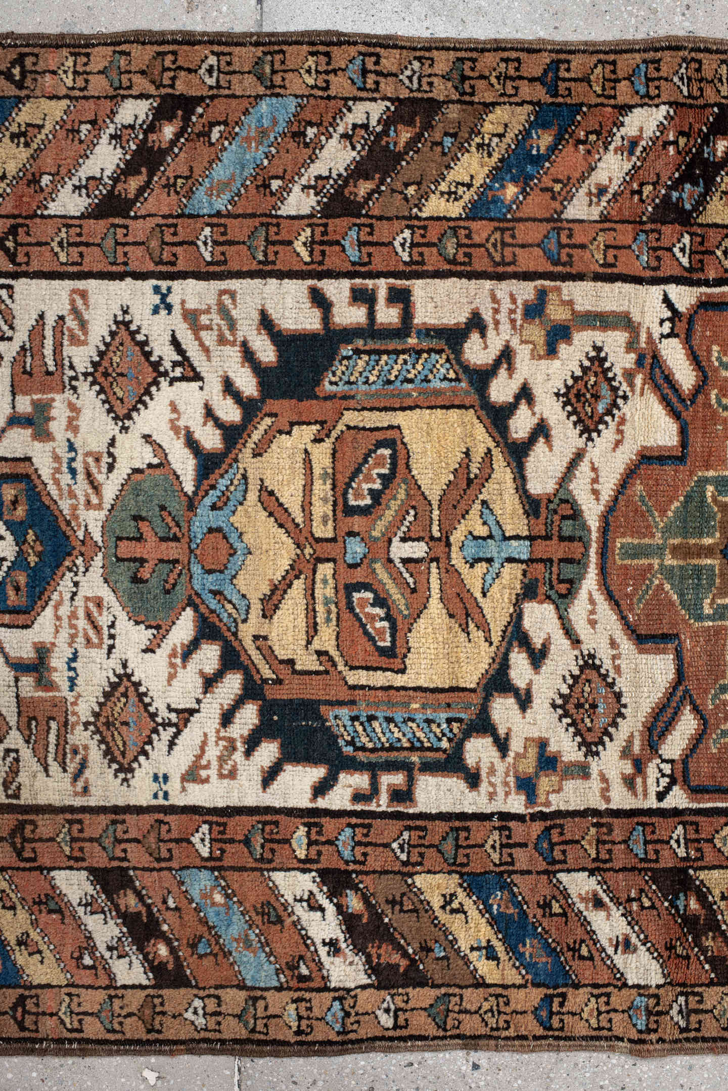 3' x 12' one-of-a-kind handmade vintage NW Persian runner rug. Color palette: ivory, rust, camel, blue, brown, teal, taupe