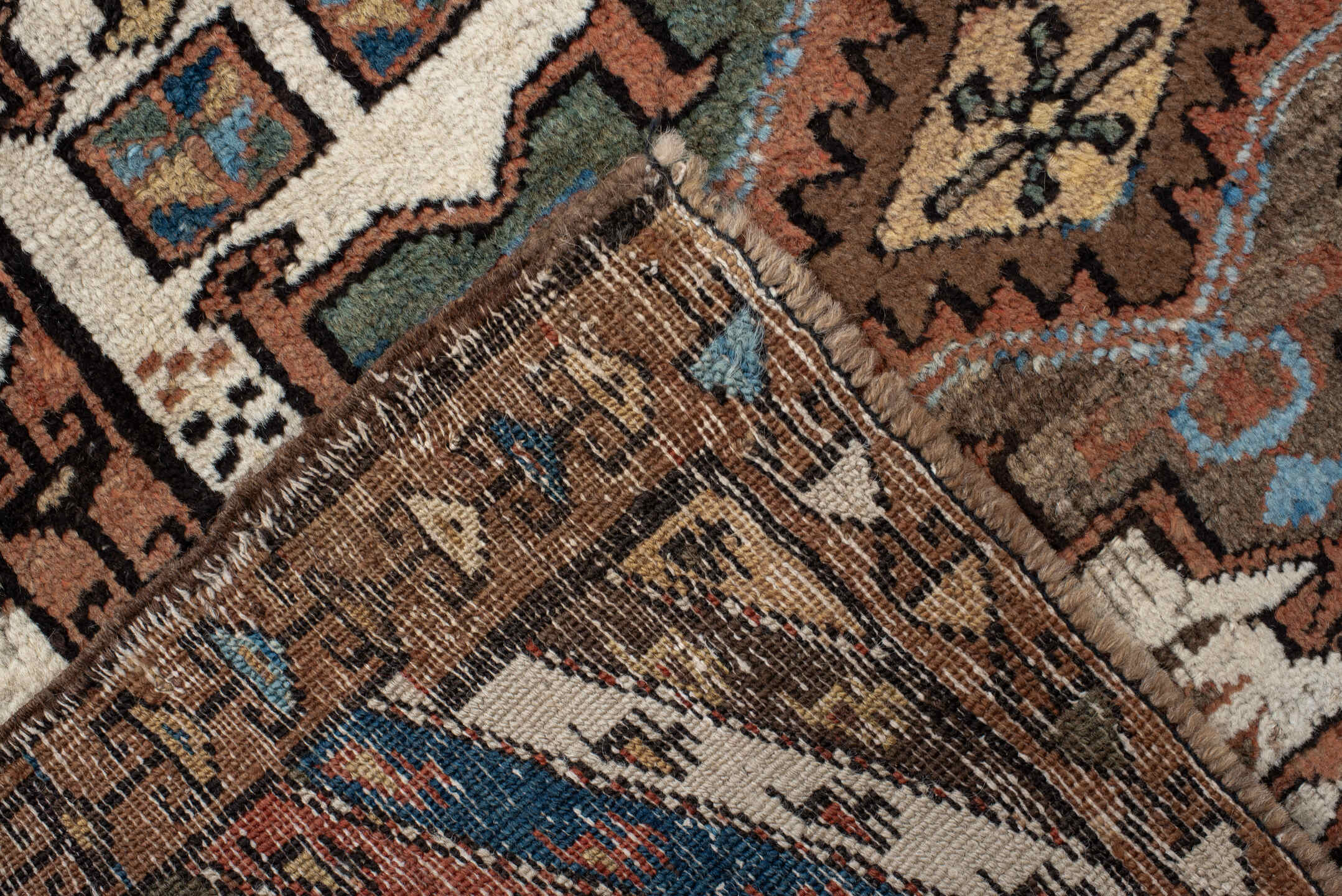 3' x 12' one-of-a-kind handmade vintage NW Persian runner rug. Color palette: ivory, rust, camel, blue, brown, teal, taupe