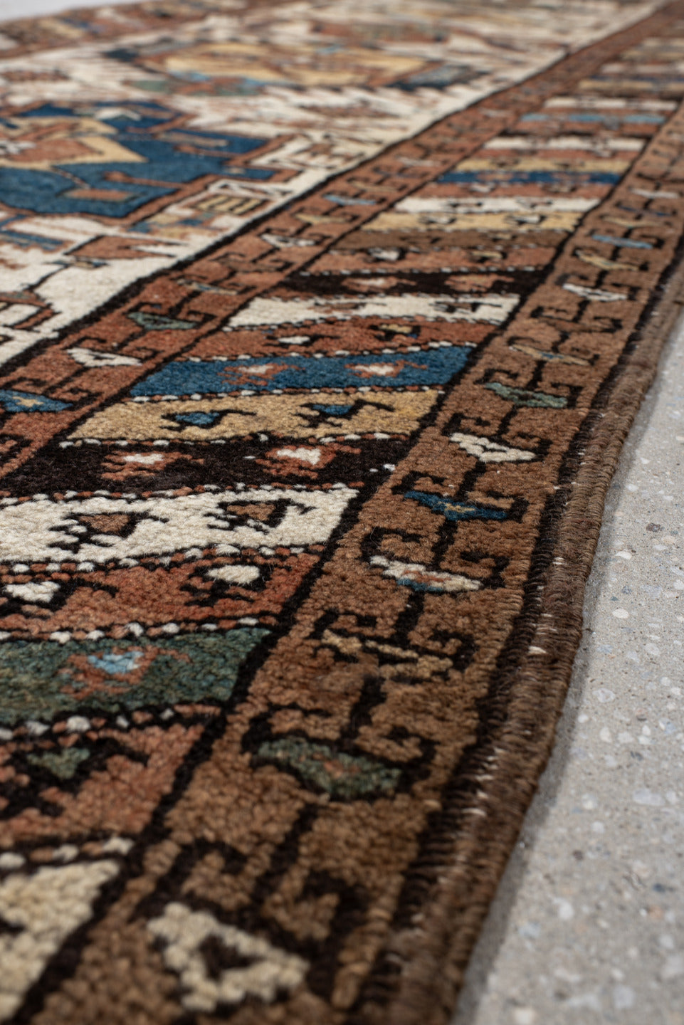 3' x 12' one-of-a-kind handmade vintage NW Persian runner rug. Color palette: arapawa, black, blue, brown, gray, light gray