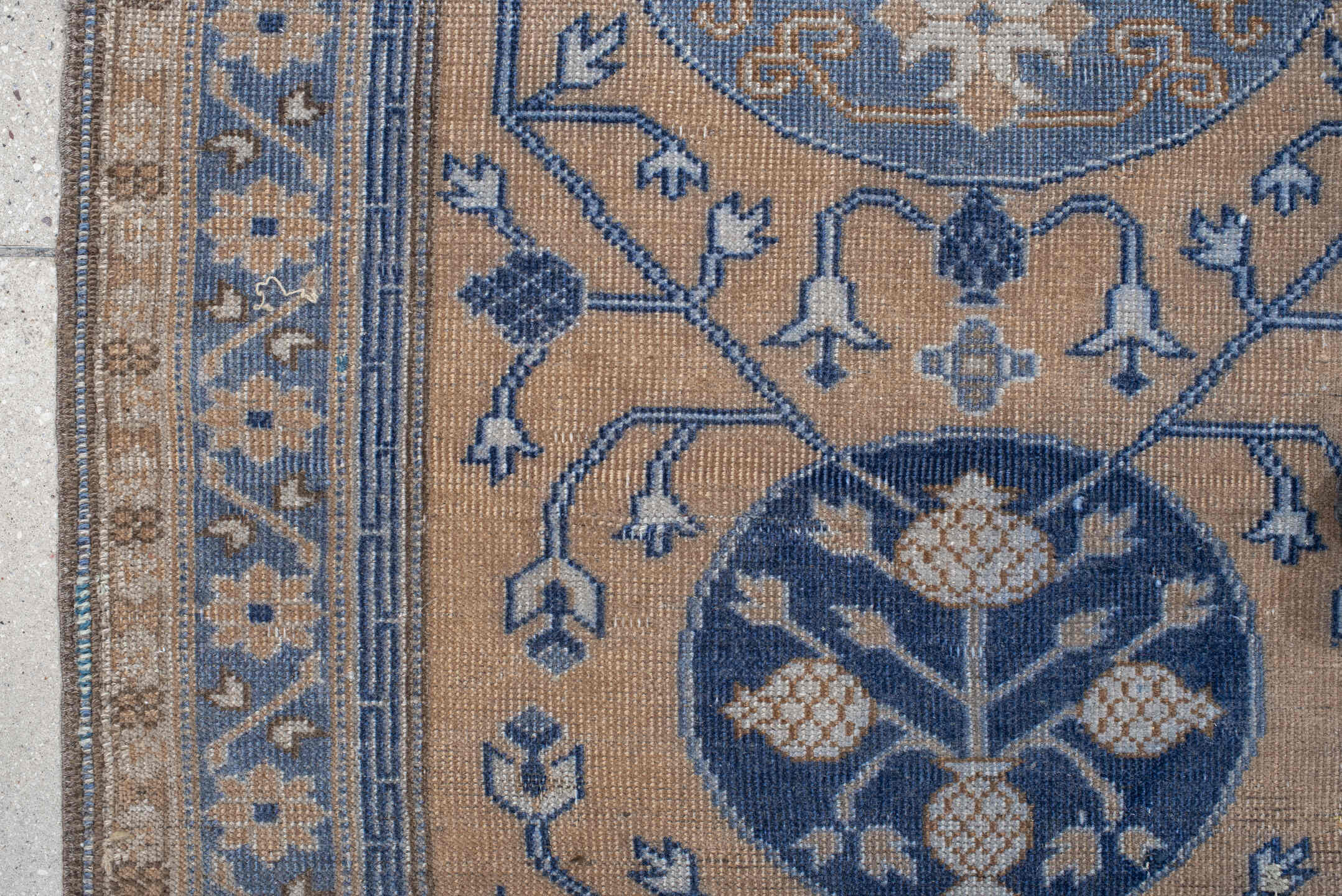 3' x 5' one-of-a-kind handmade vintage Caucasian small size rug. Color palette: beige, blue, ivory, slate, taupe, gray