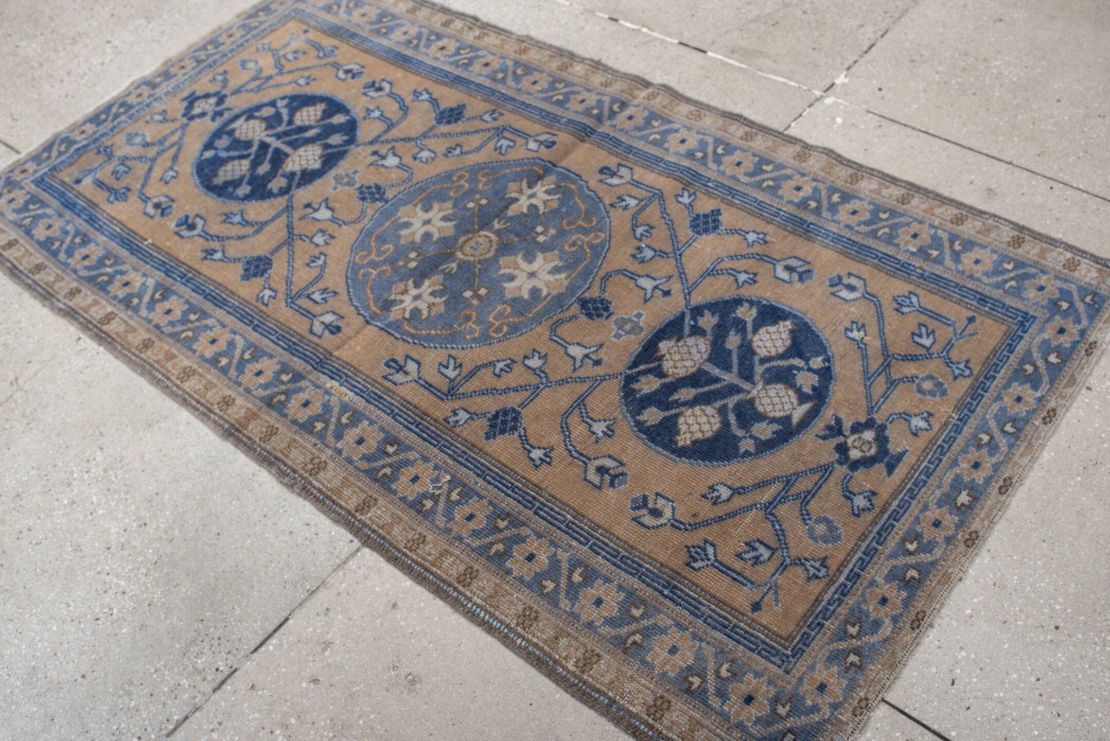 3' x 5' one-of-a-kind handmade vintage Caucasian small size rug. Color palette: beige, blue, ivory, slate, taupe, gray