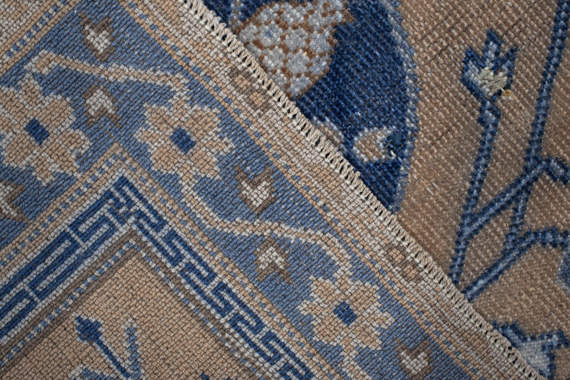 3' x 5' one-of-a-kind handmade vintage Caucasian small size rug. Color palette: beige, blue, ivory, slate, taupe, gray