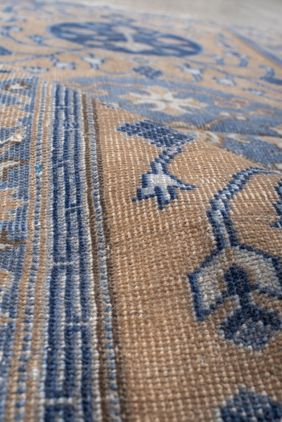 3' x 5' one-of-a-kind handmade vintage Caucasian small size rug. Color palette: beige, blue, ivory, slate, taupe, gray
